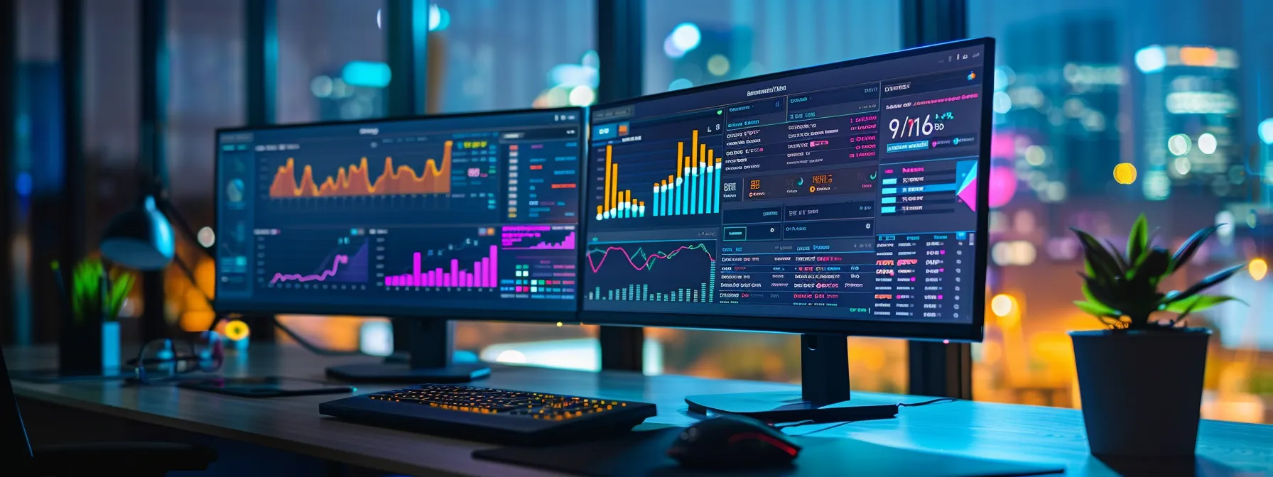 two computer screens displaying pricing plans side by side, with colorful graphs and charts comparing features and affordability.