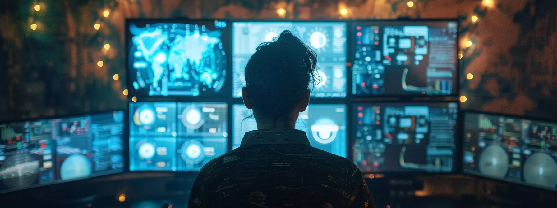 a person surrounded by multiple computer screens displaying the interfaces of gohighlevel and zoho software platforms.