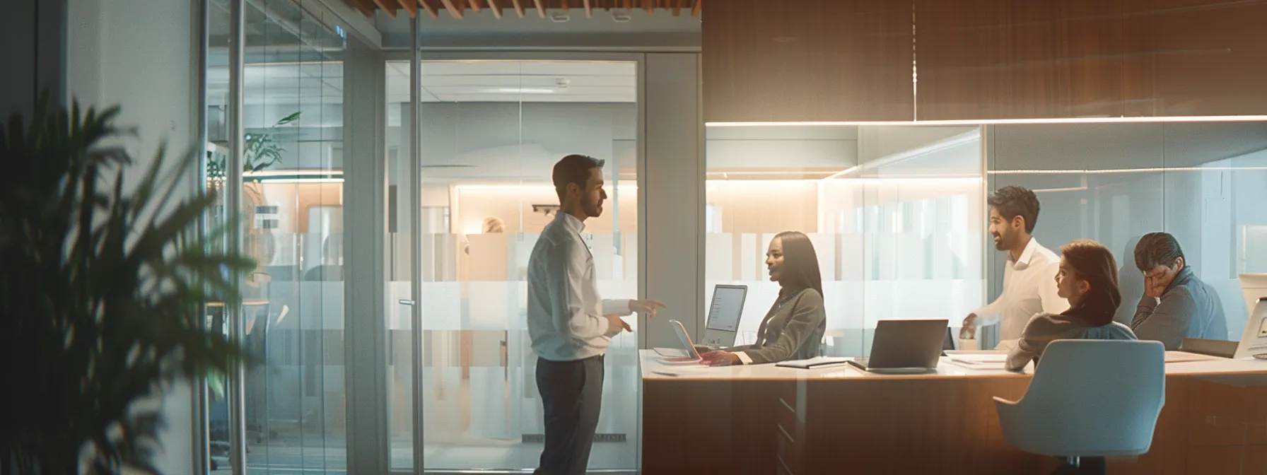 a team of professionals working together to support customers in a modern office setting.