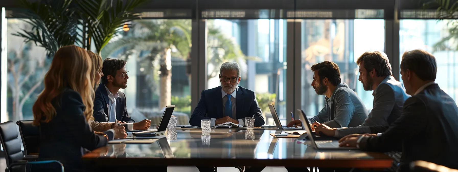 a group of professionals gathered around a table comparing features on laptops.