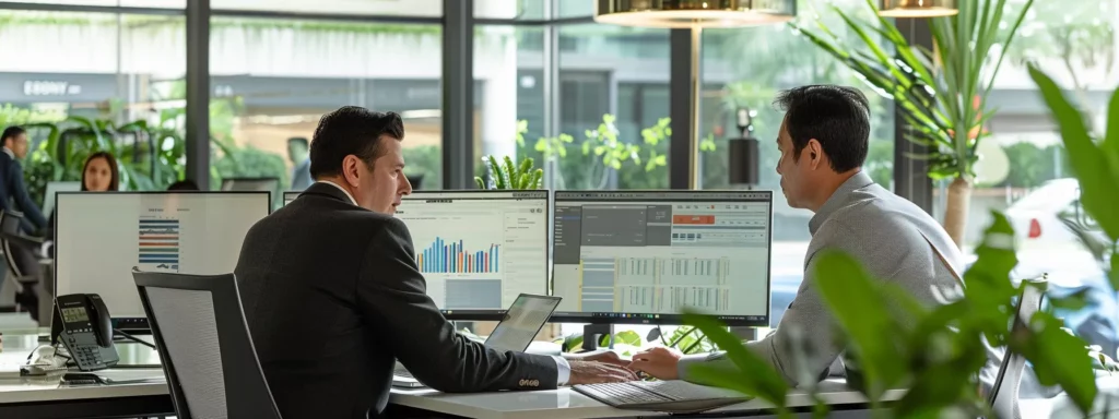 two businessmen comparing software on computer screens in a modern office setting.