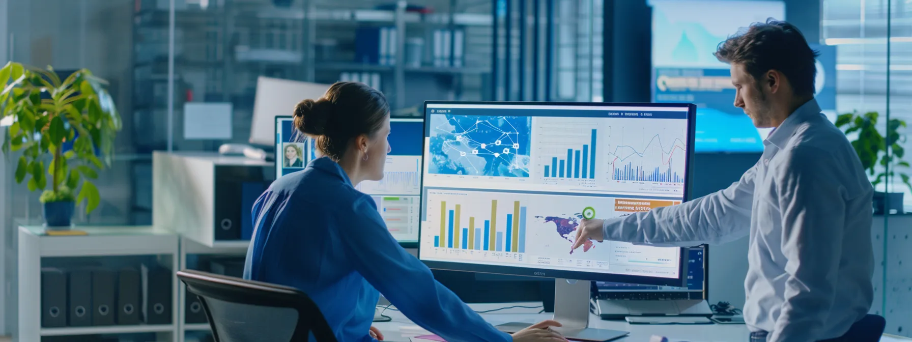 two professionals in a modern office comparing different digital marketing tools on a computer screen.