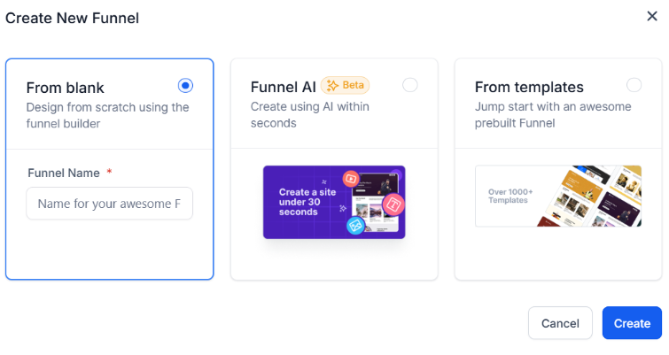 Screenshot from HighLevel funnel creation options.
