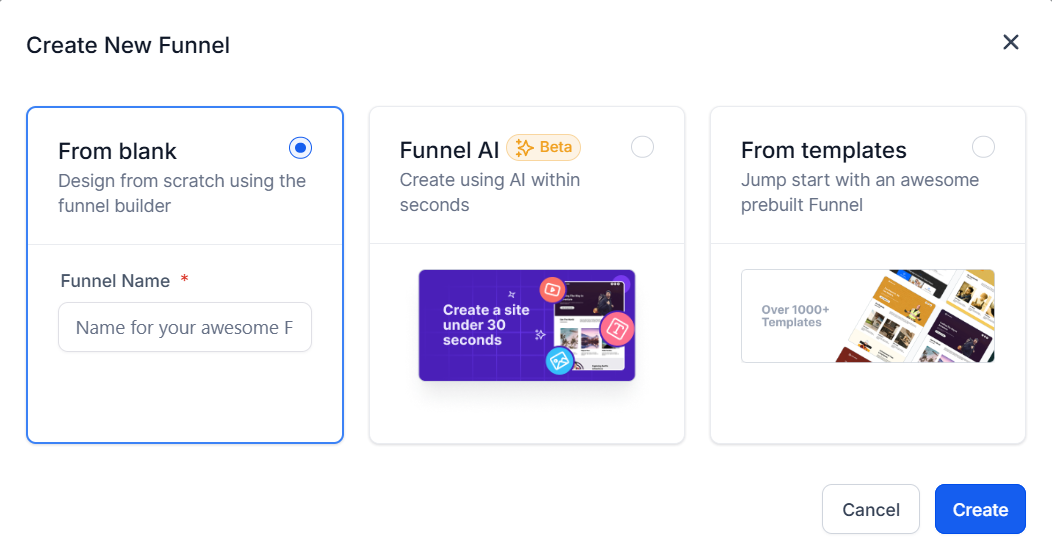 Screenshot from HighLevel funnel creation options.