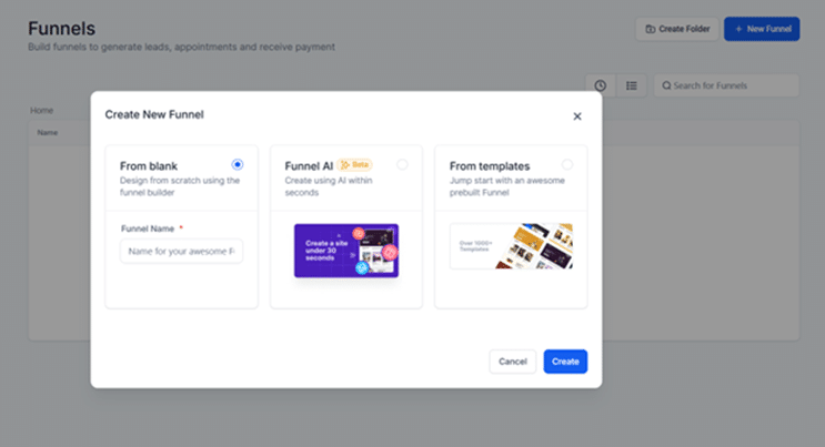 HighLevel funnel creation options