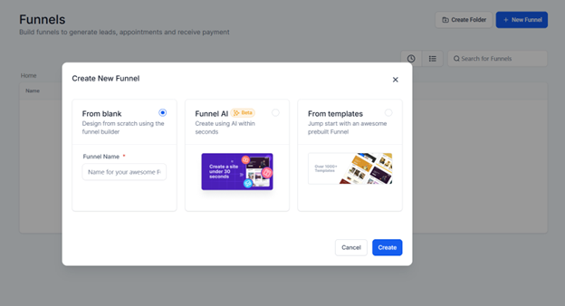 Screenshot from HighLevel funnel creation options.