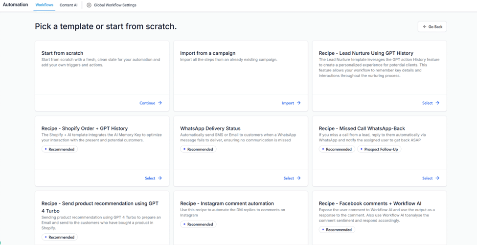 Screenshot from HighLevel workflow automation options.
