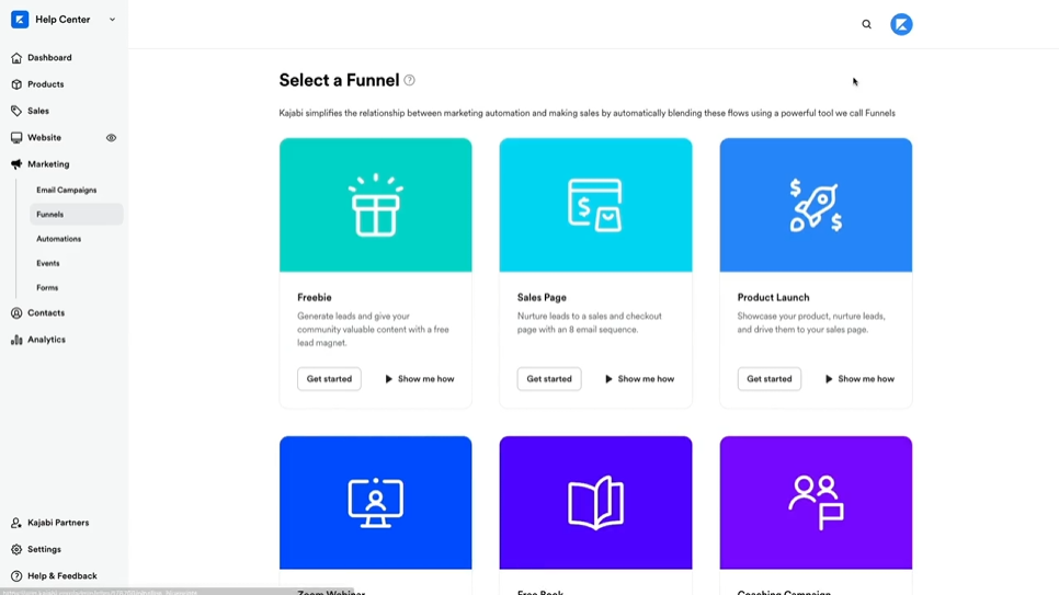 Screenshot from Kajabi funnel creation options.
