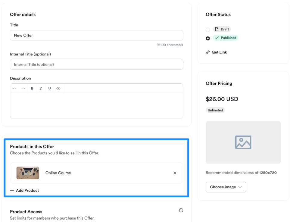 Screenshot Kajabi's offer creator
Kajabi's product offer creator.