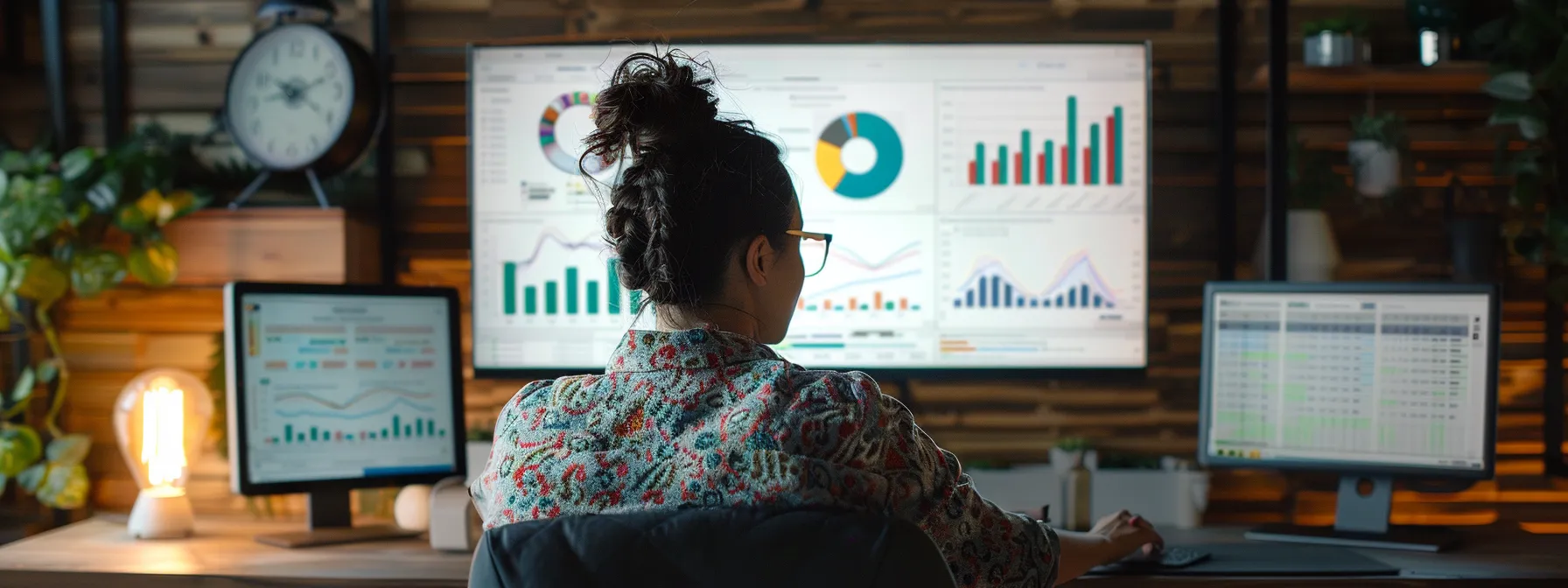 a person comparing features of gohighlevel and zoho crm on a computer screen with graphs and charts displayed.
