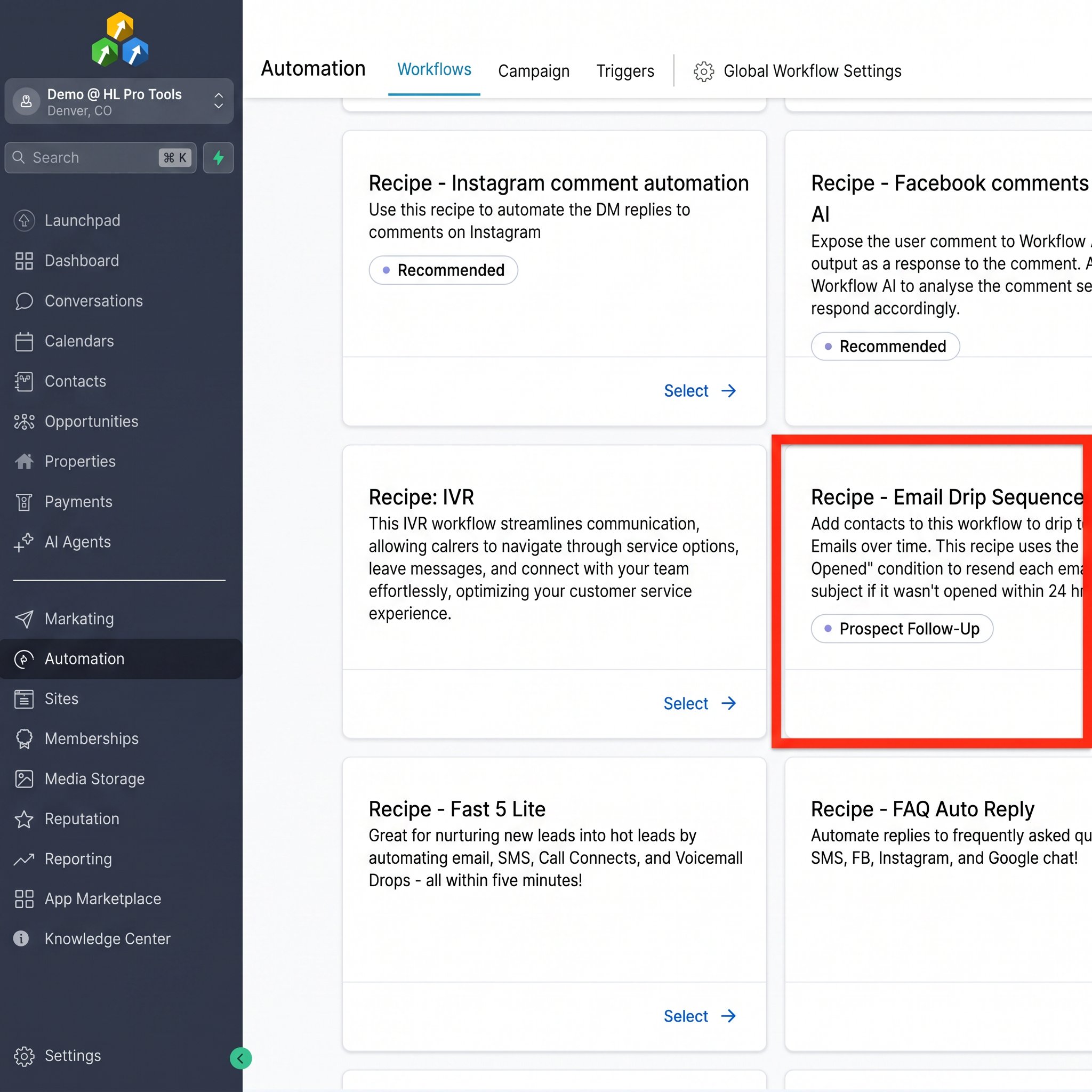 The Send SMS action configuration window in the HighLevel workflow builder.