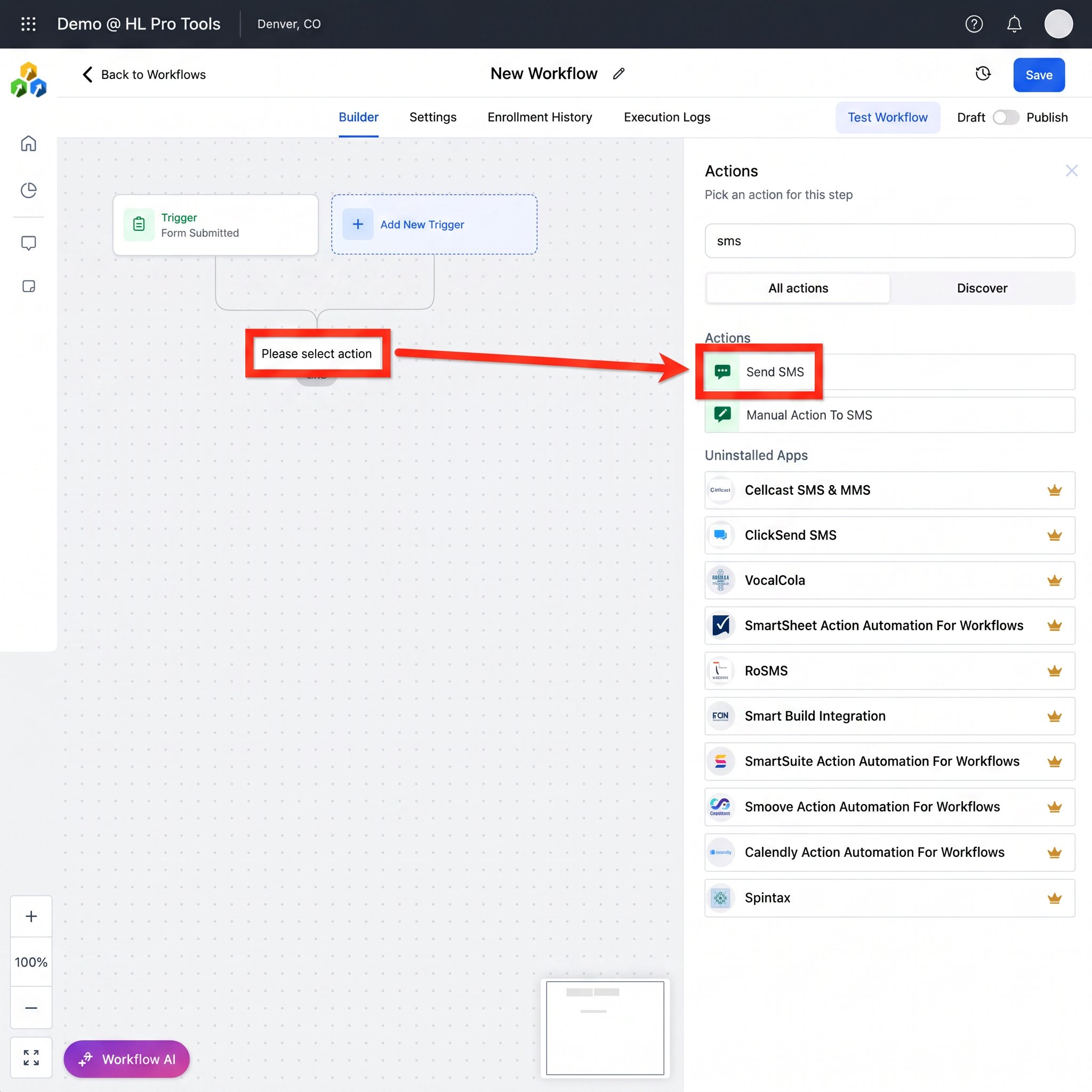The workflow testing log in HighLevel, showing the history of actions for a test contact.