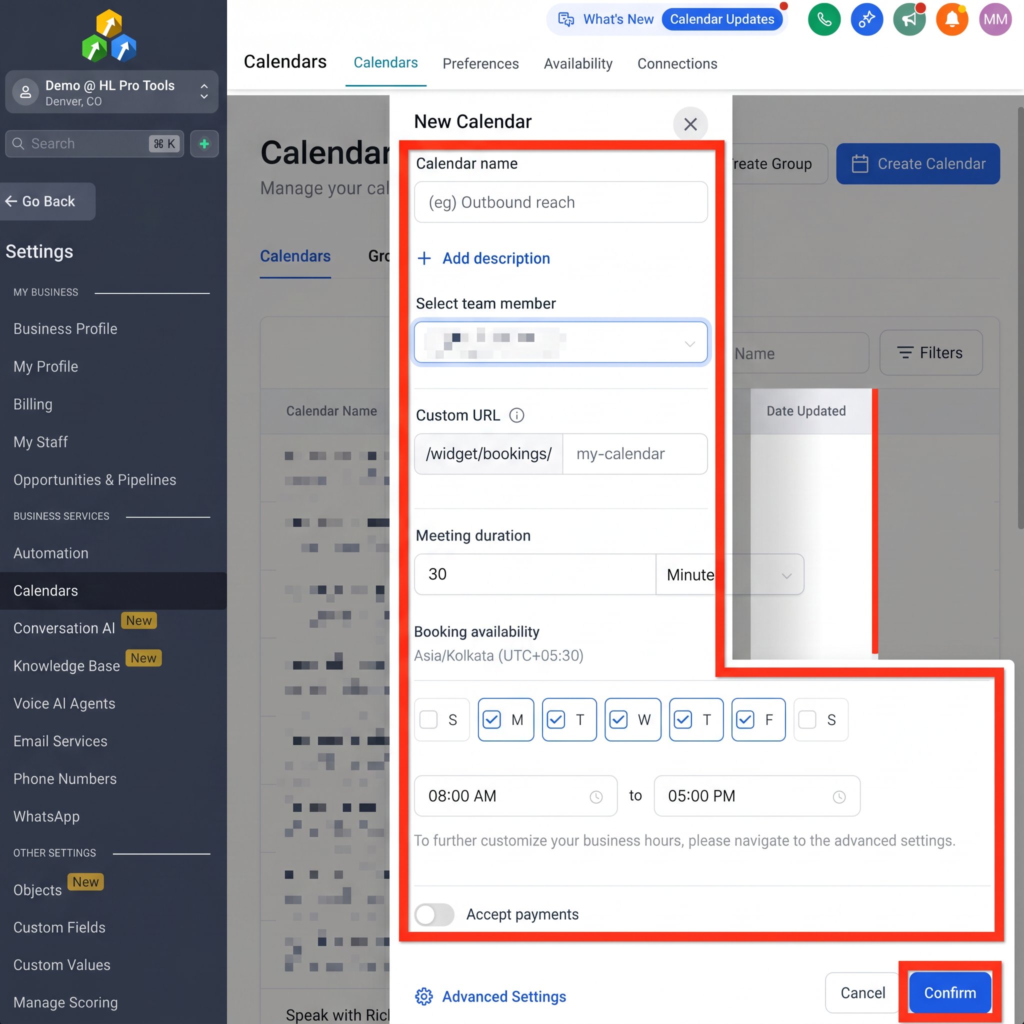 HighLevel Calendar Settings Connections tab showing Google Calendar integration