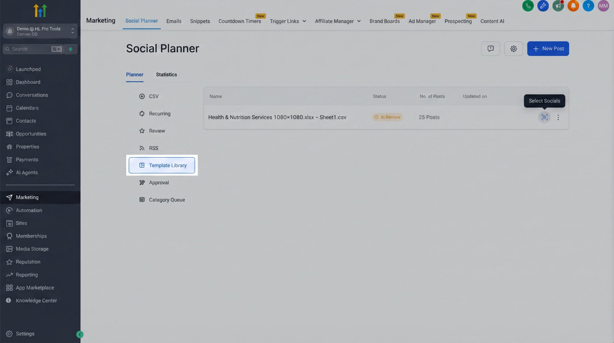 GoHighLevel dashboard showing new leads from Facebook