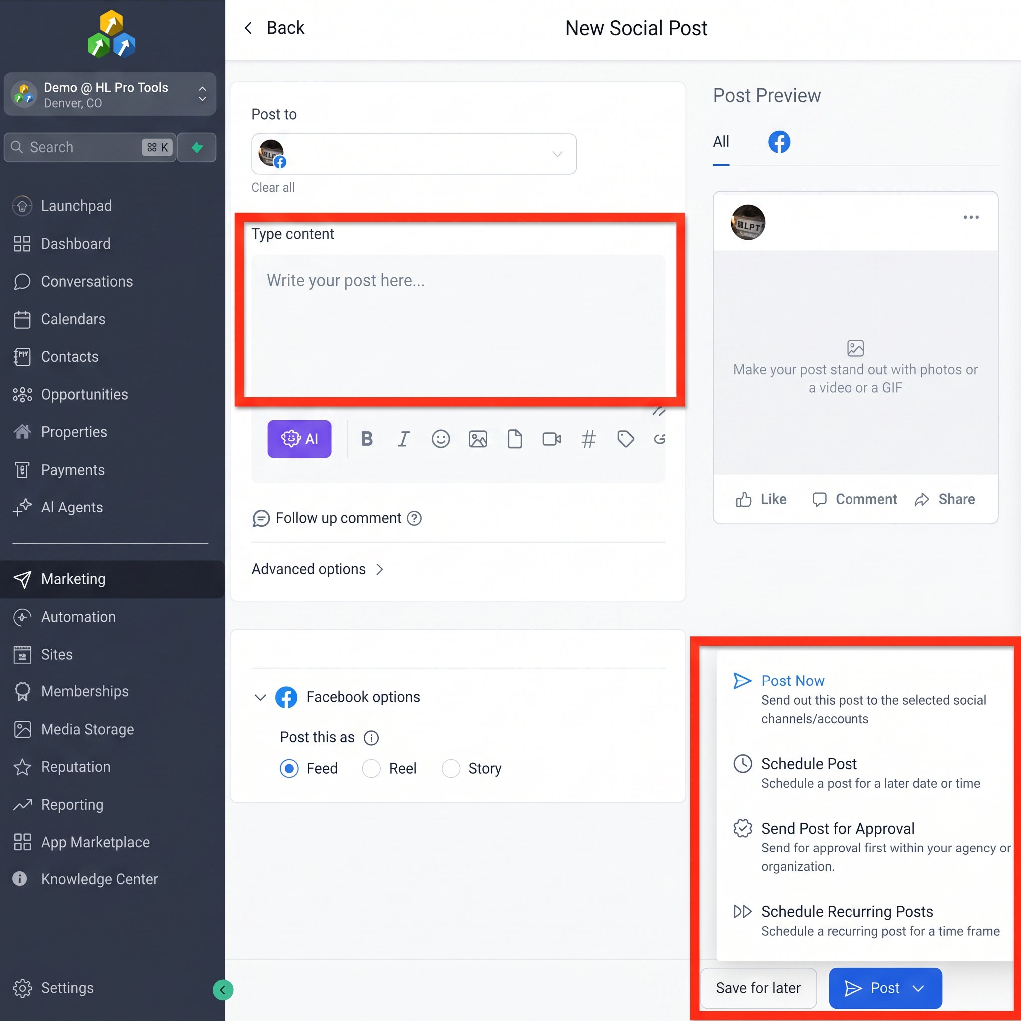 GoHighLevel integrations page with Facebook connected