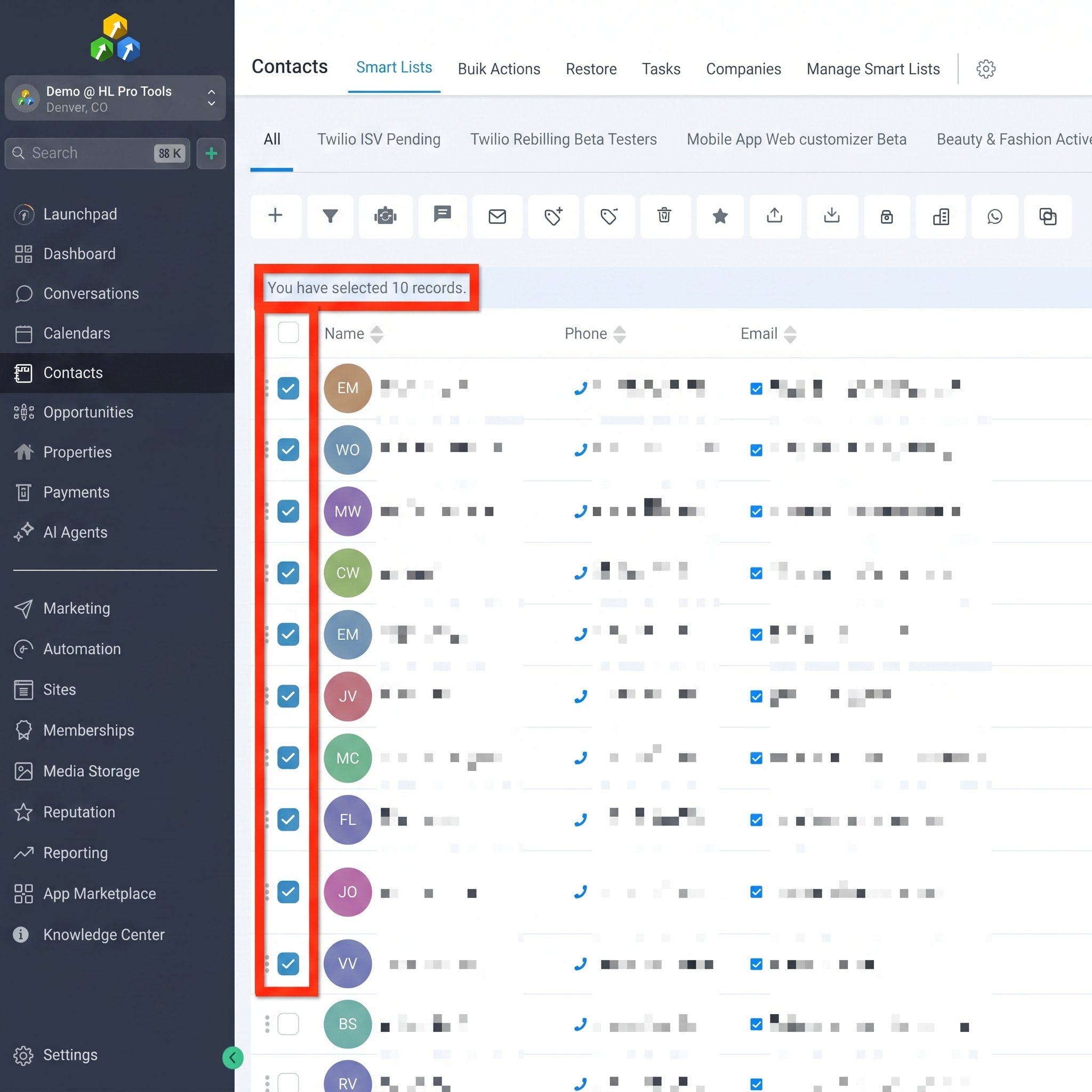 The import button in the GoHighLevel contacts dashboard.