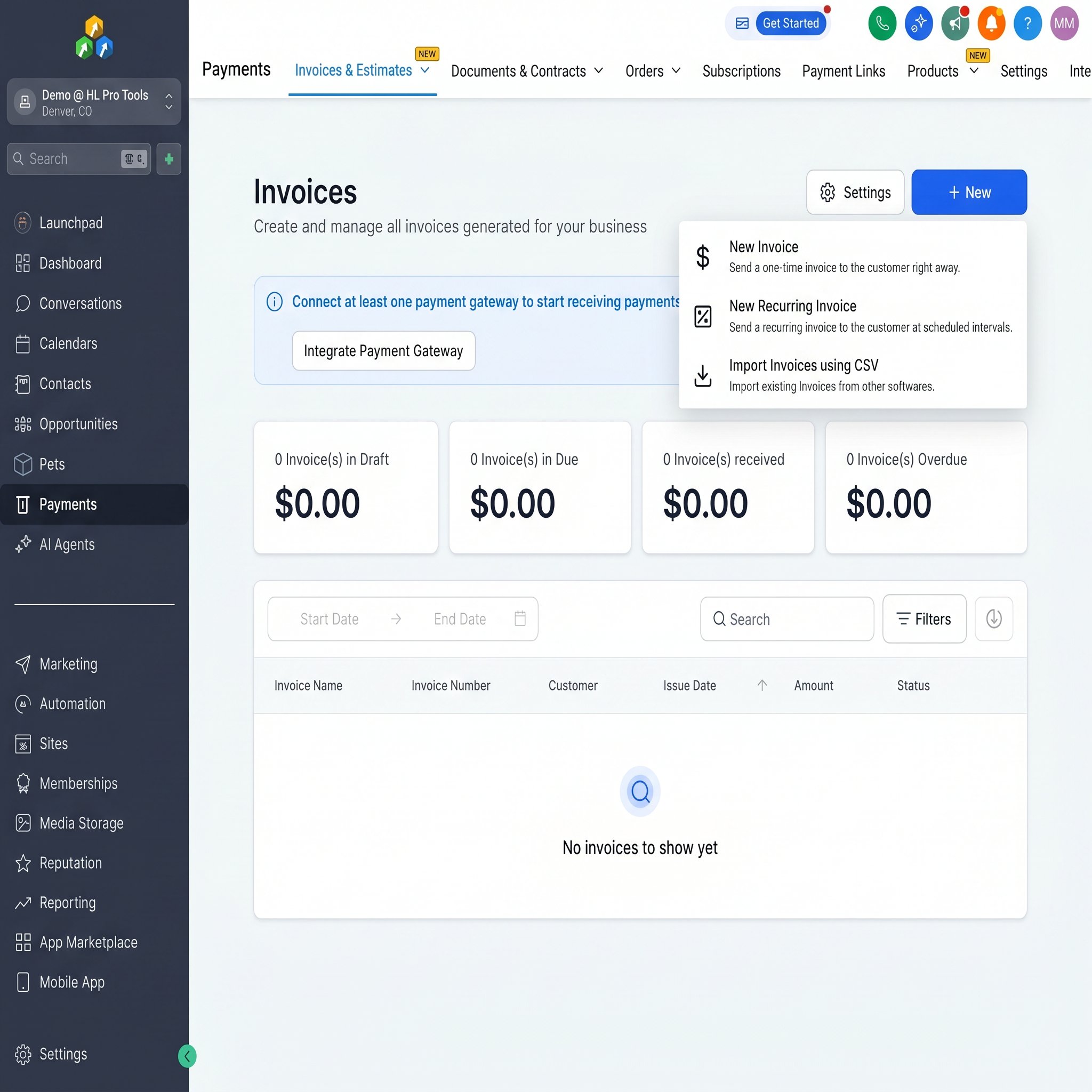 The HighLevel invoice builder interface showing where to add customer details and line items.