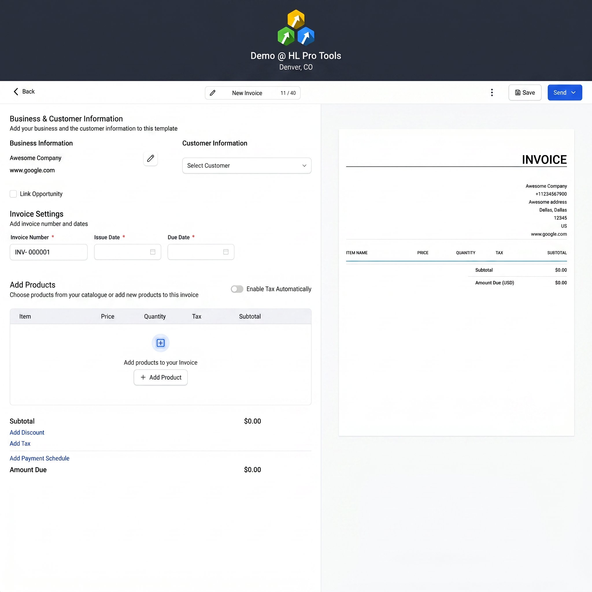 The invoice settings page in HighLevel, highlighting the fields for company logo and business information.