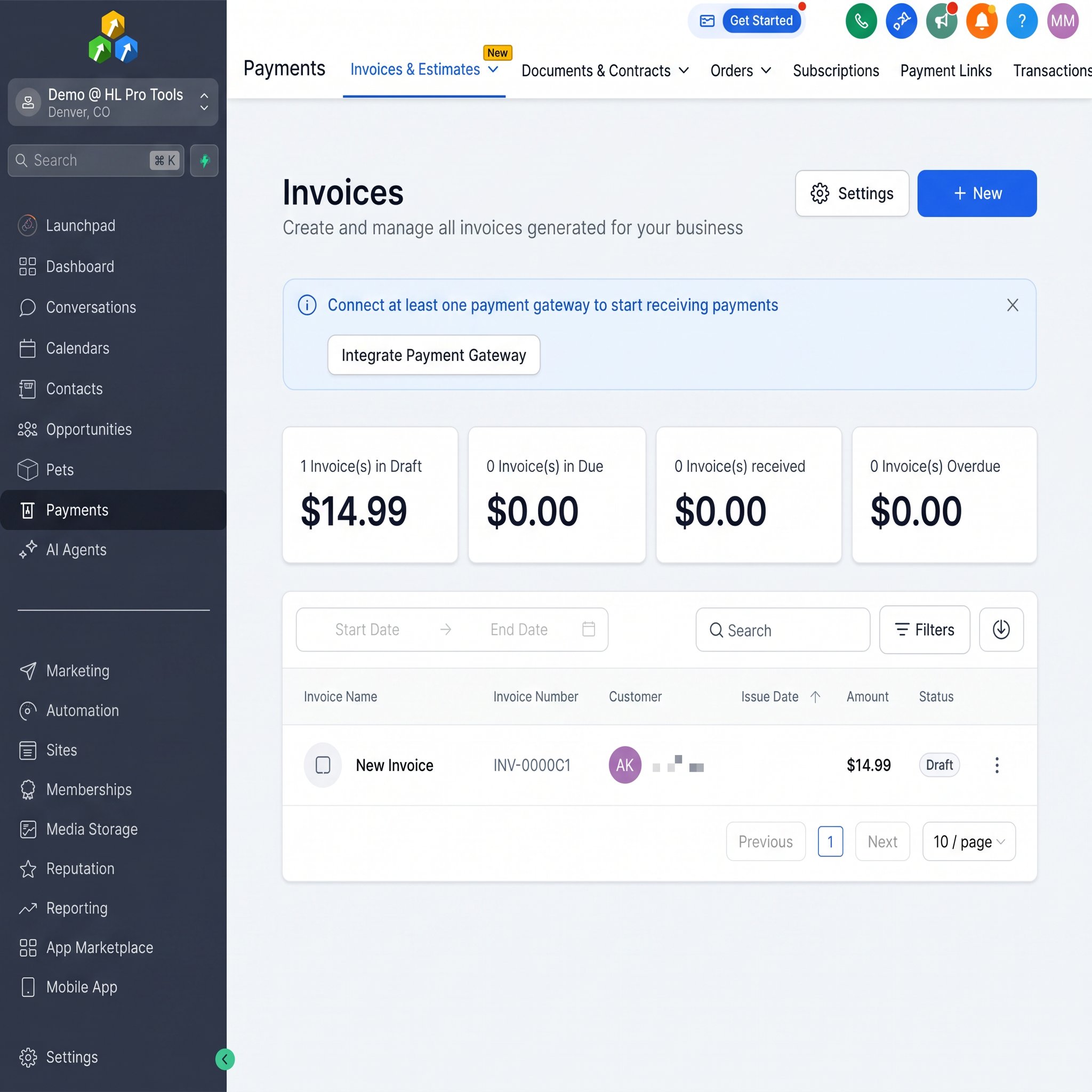 The HighLevel invoice dashboard showing a list of invoices with their statuses (Draft, Sent, Paid).