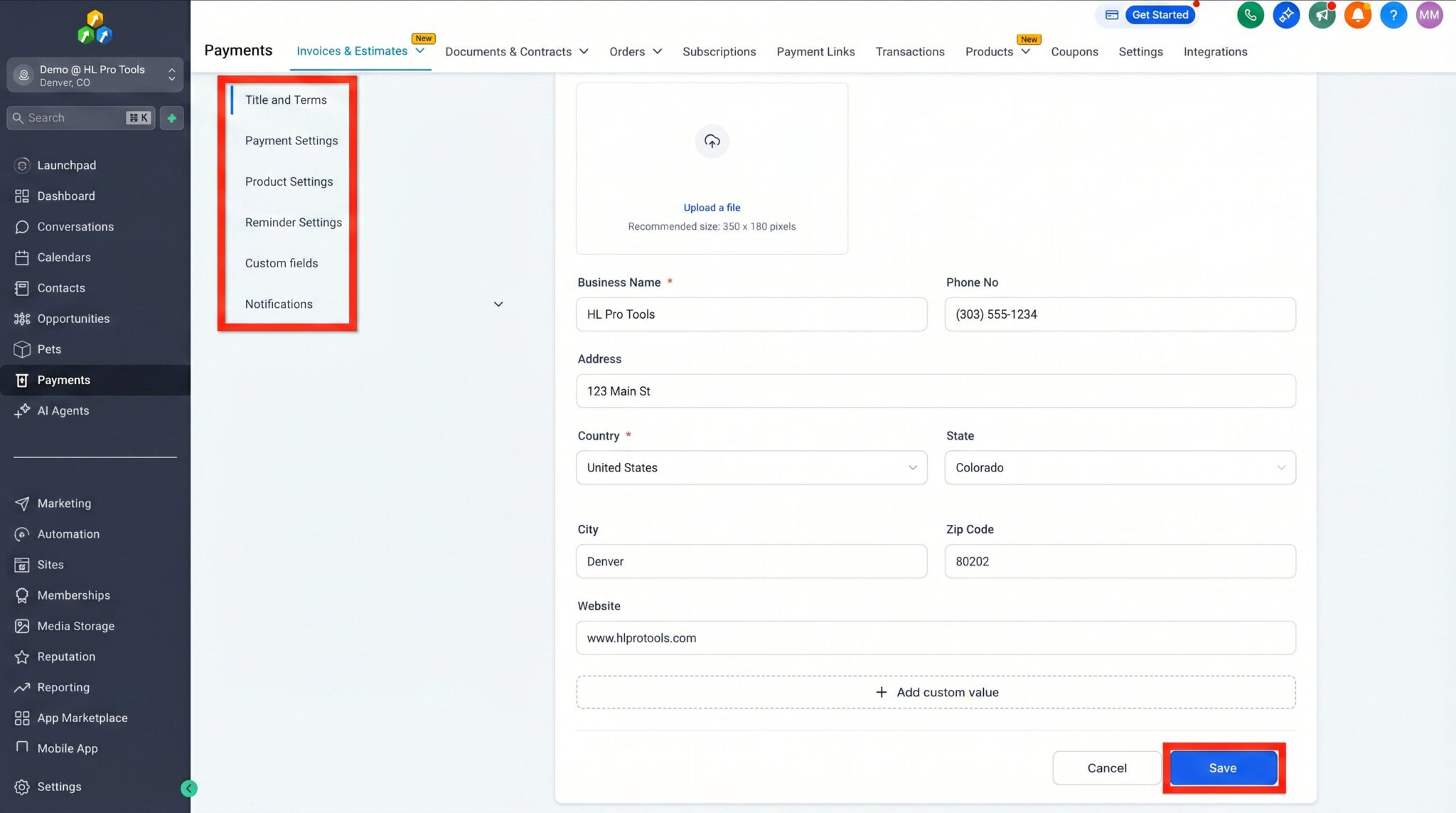 Setting up a recurring invoice in HighLevel, showing the frequency and scheduling options.