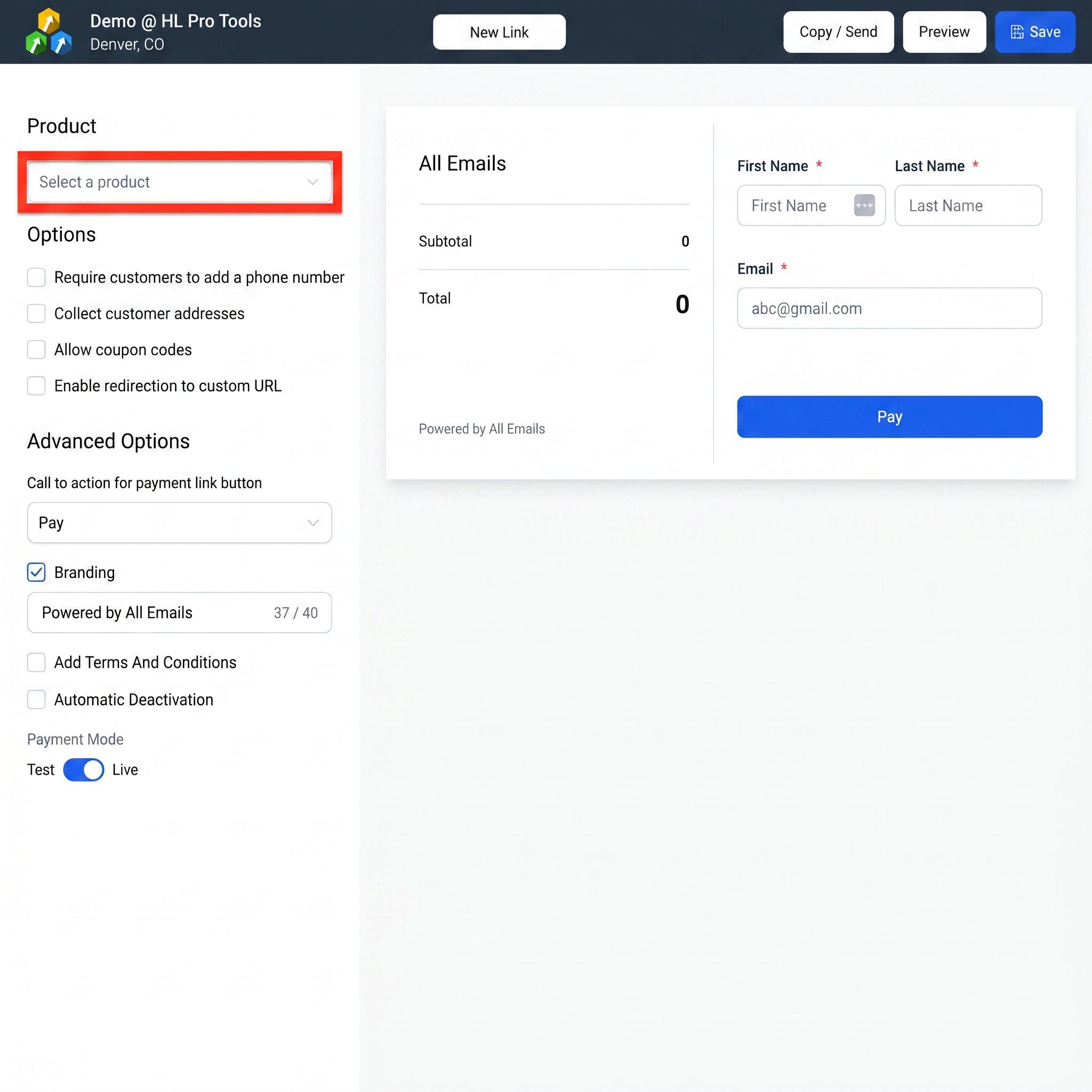 The payment link configuration screen
