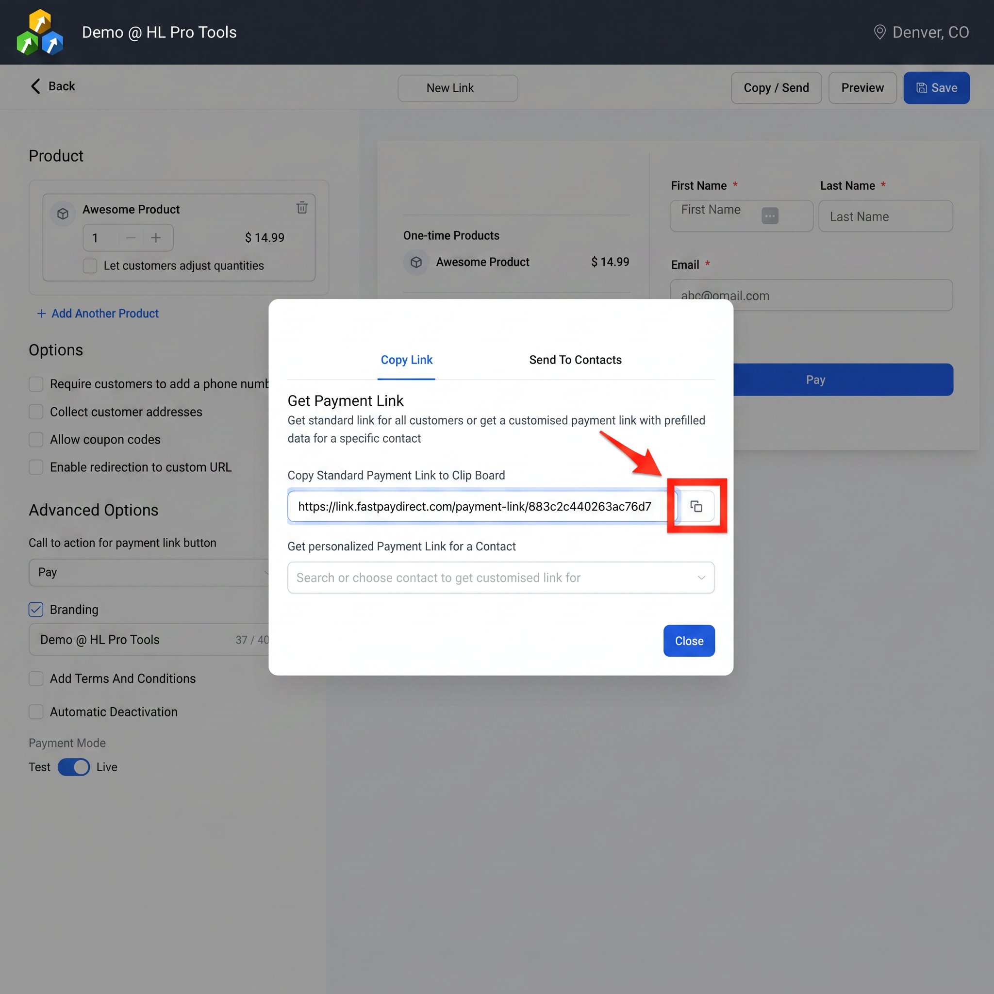 The payment link management dashboard