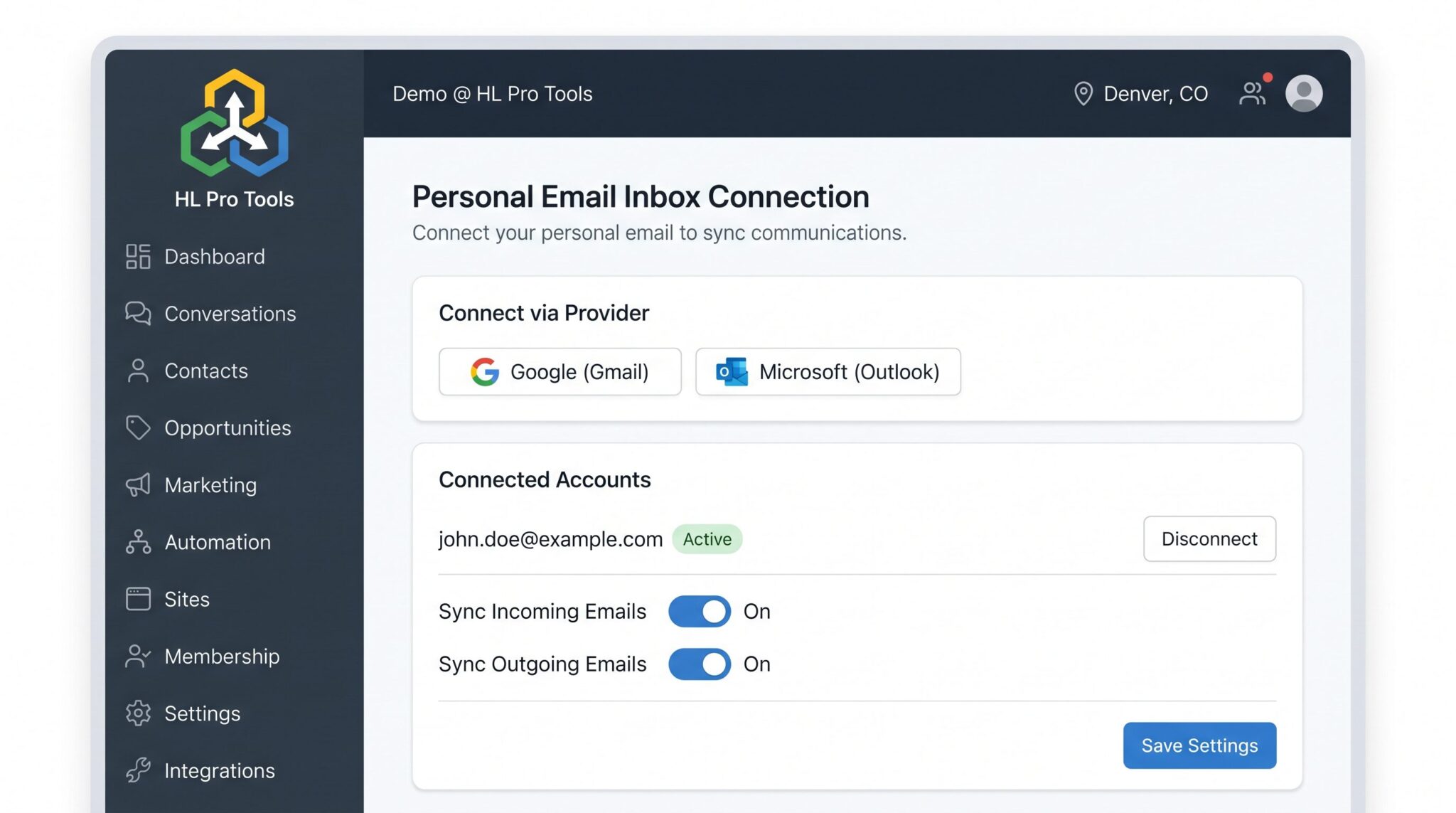 Connecting Gmail in HighLevel Settings