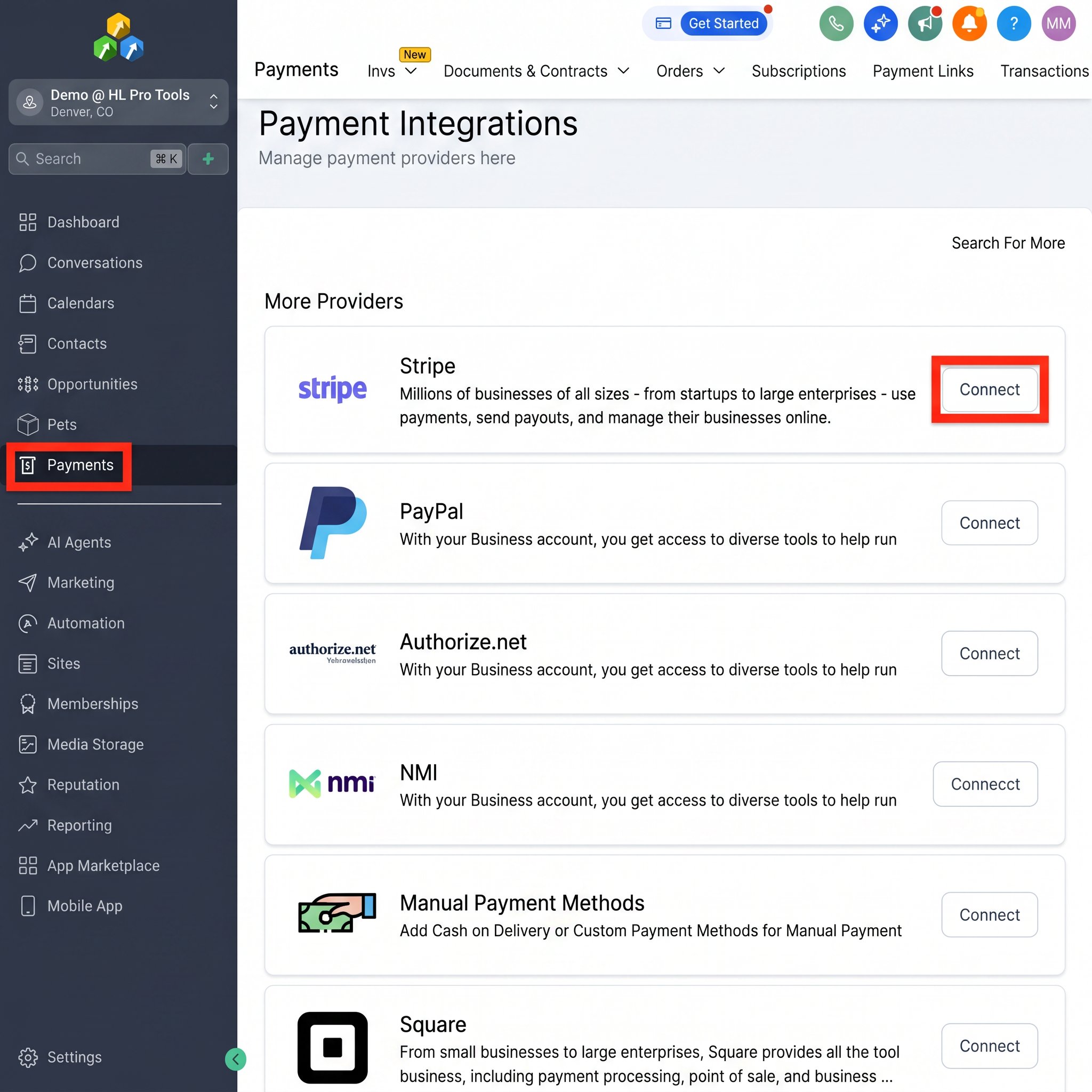 The GoHighLevel Launchpad showing the Ecommerce setup card with the Stripe connection option.