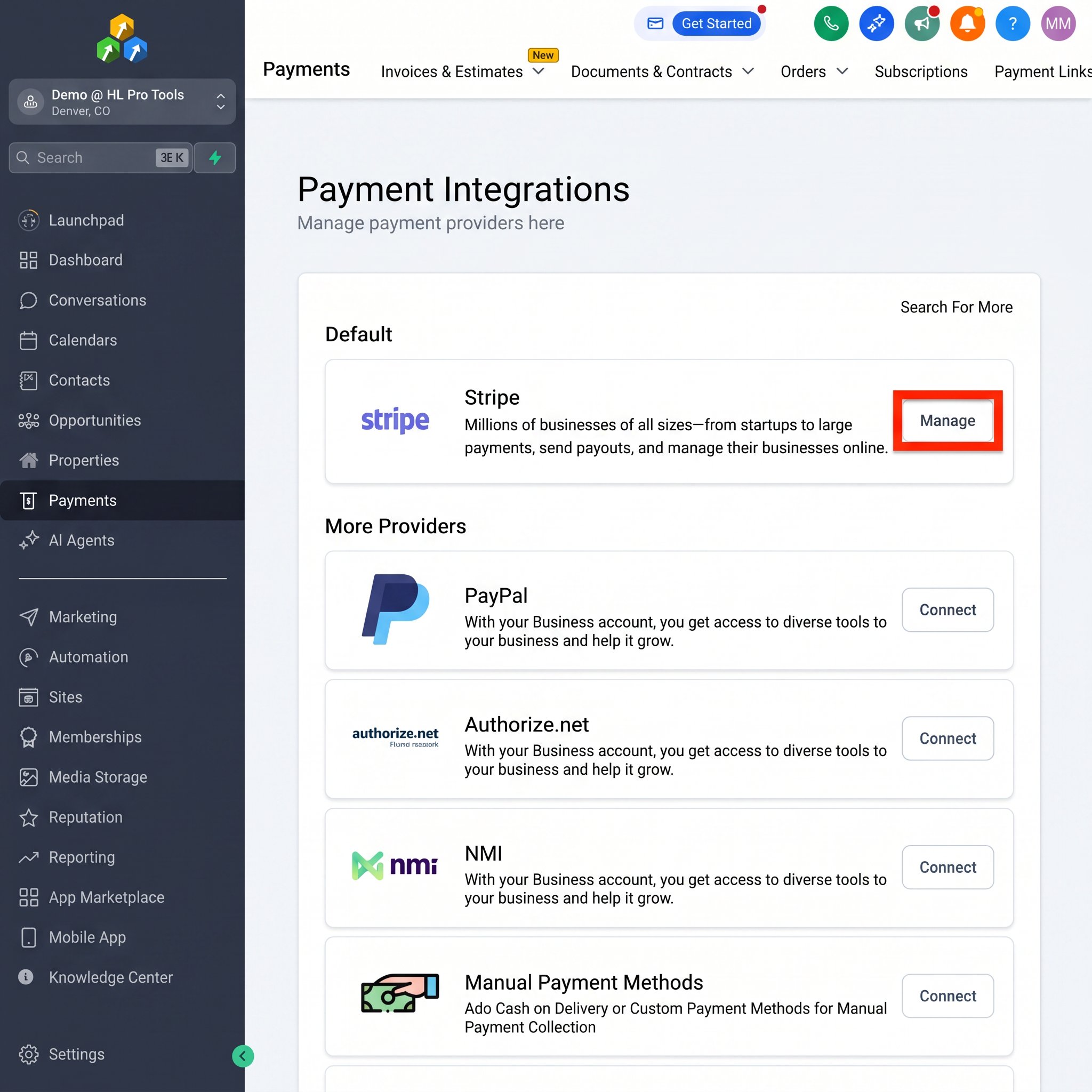 The Integrations page in GoHighLevel settings, with an arrow pointing to the Stripe Connect button.