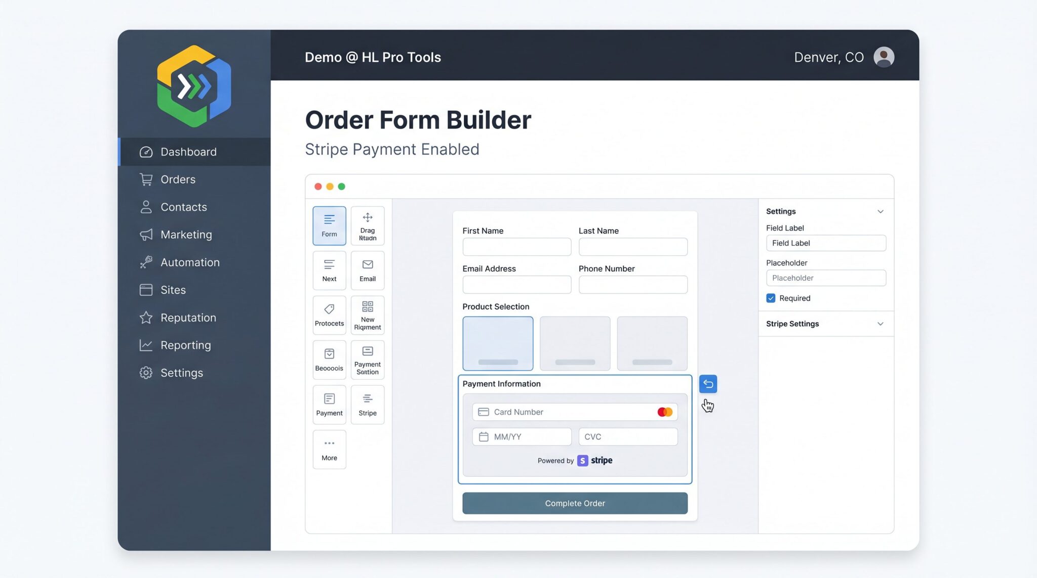 The Payments section in GoHighLevel, showing the Integrations tab and the Connect with Stripe button.