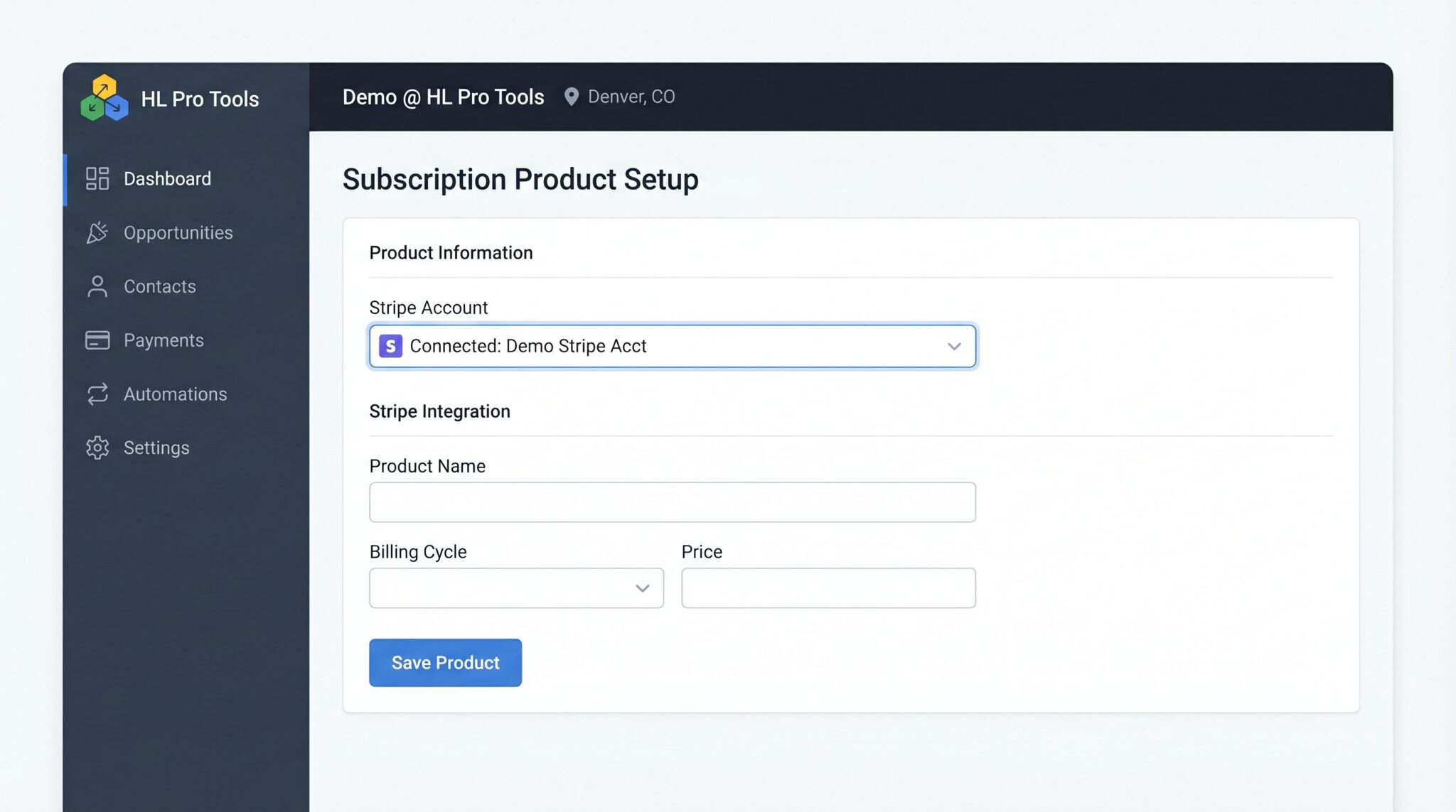 The Stripe authorization screen, showing the GoHighLevel logo and the permissions being requested.