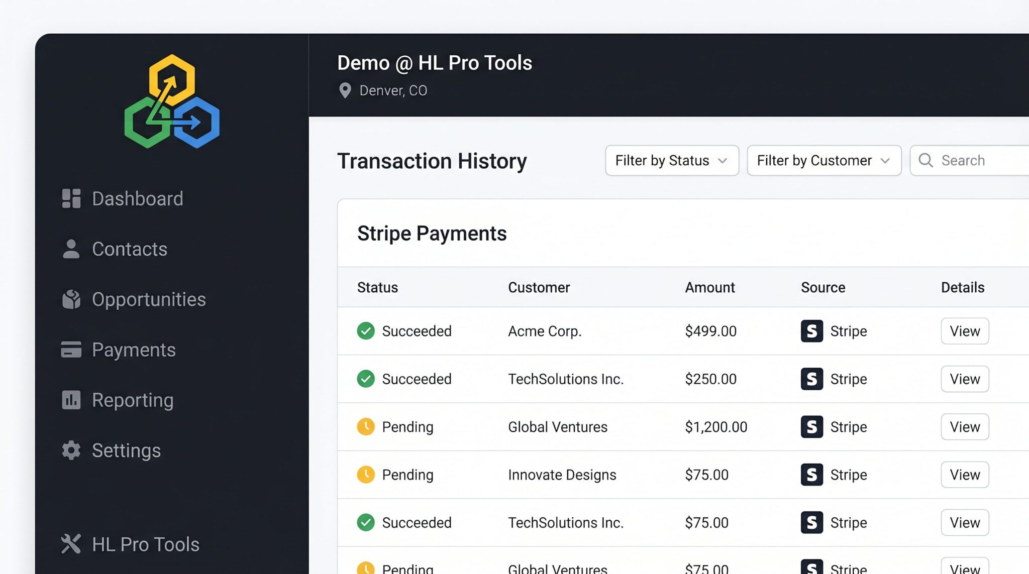 The Payments settings page in GoHighLevel, showing options for currency, payment methods, and test mode.