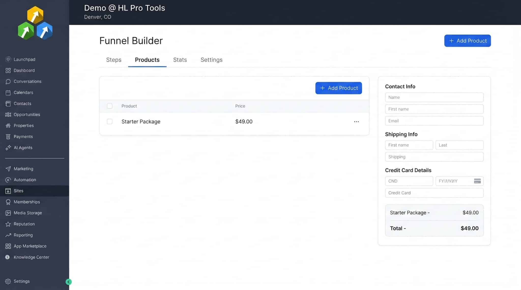 HighLevel funnel builder Products tab showing Starter Package product added to order form
