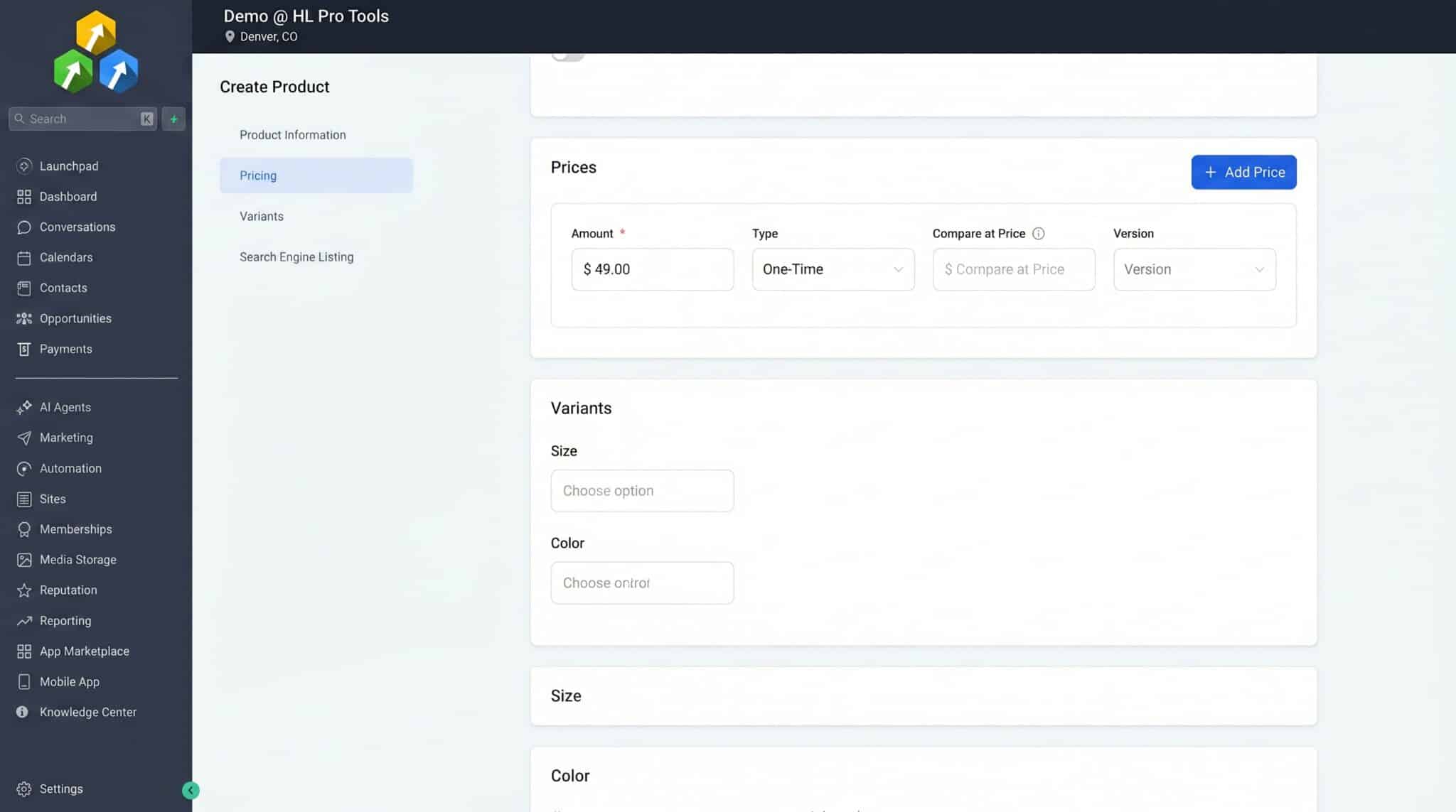 HighLevel pricing configuration showing amount, type, compare at price, and variant options