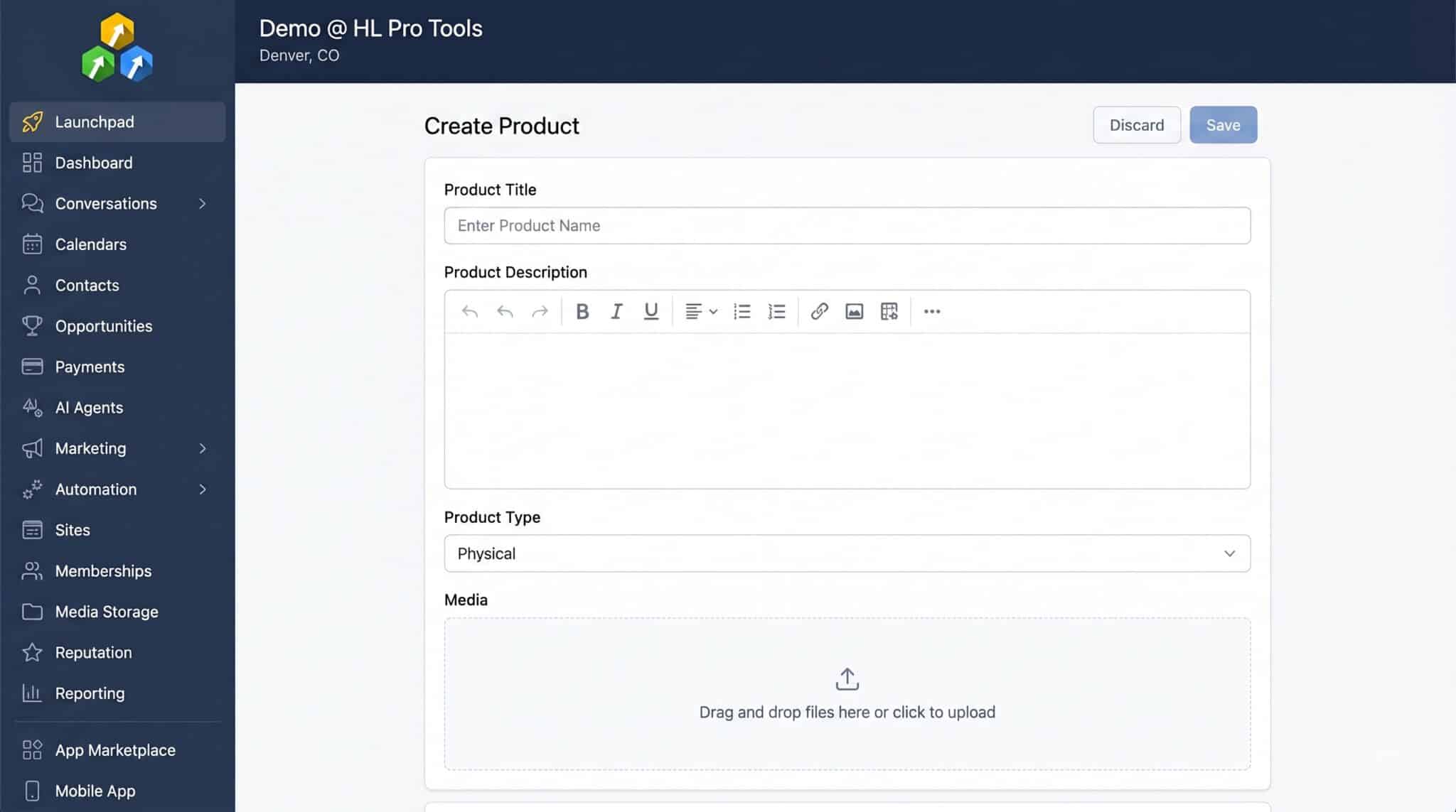 HighLevel product creation form showing Product Title, Description, Type, and Media fields