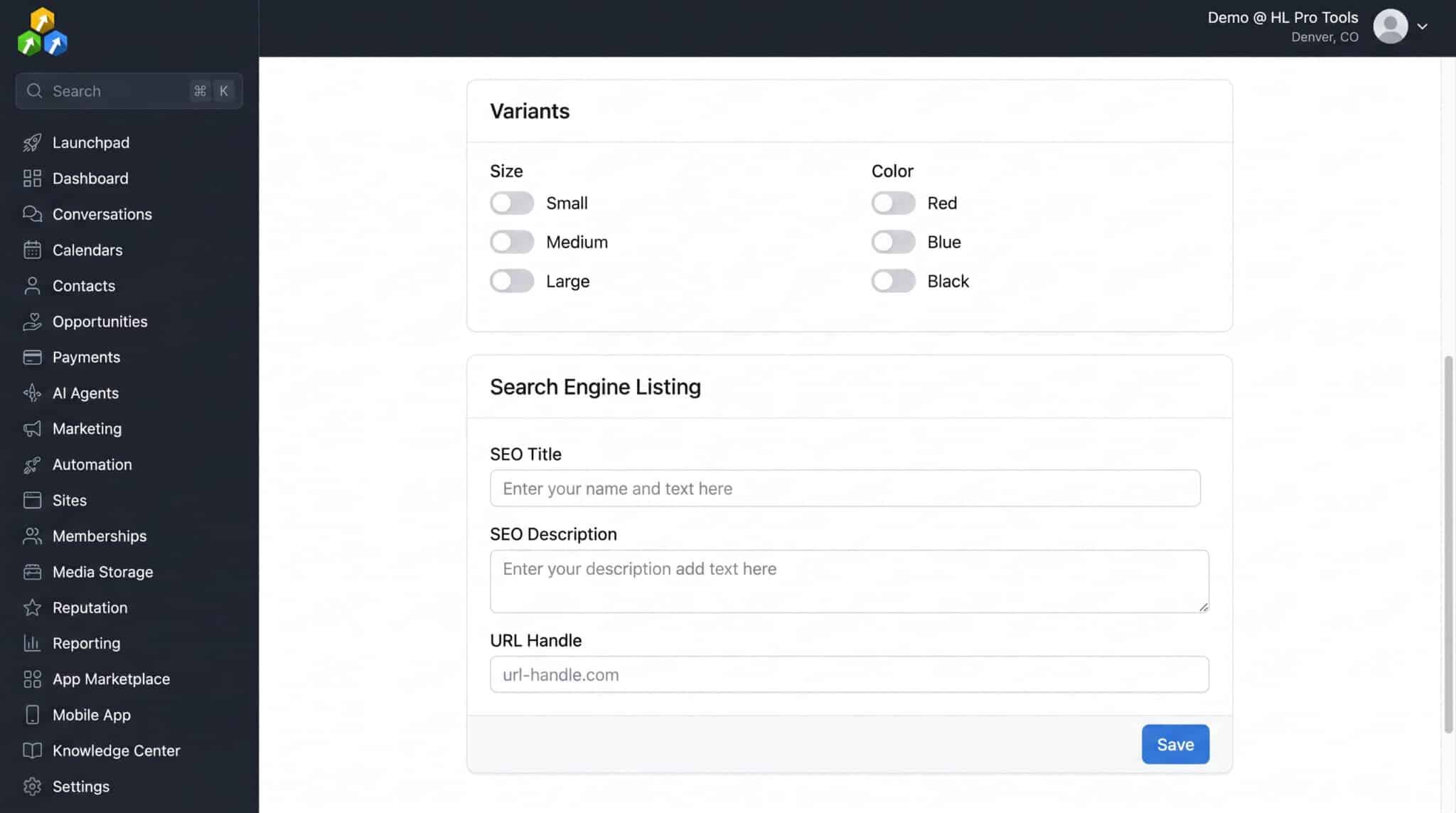 HighLevel product variants and SEO settings showing size/color toggles and search engine listing fields