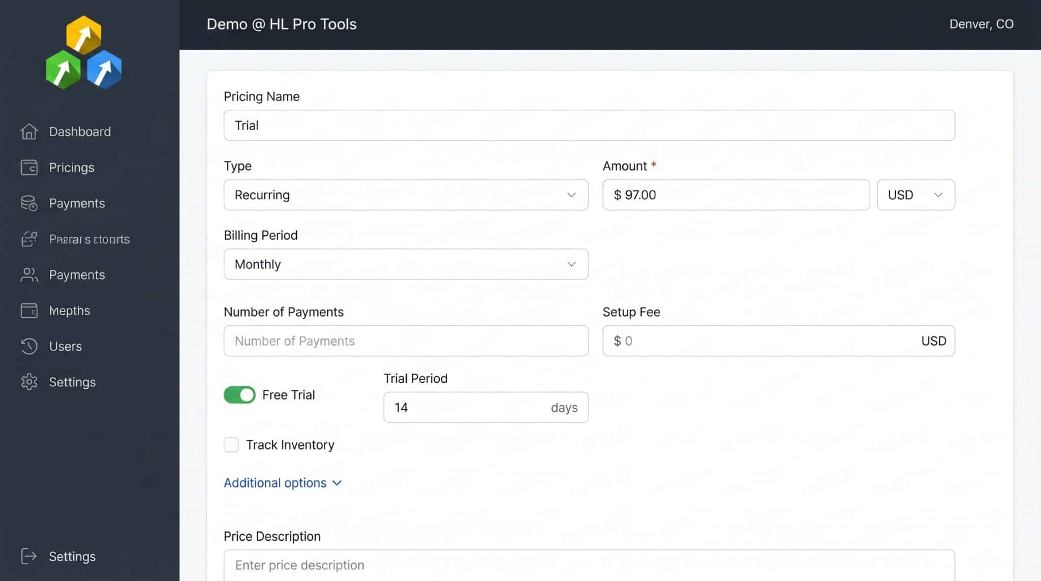 HighLevel recurring pricing setup with free trial toggle enabled and 14-day trial period