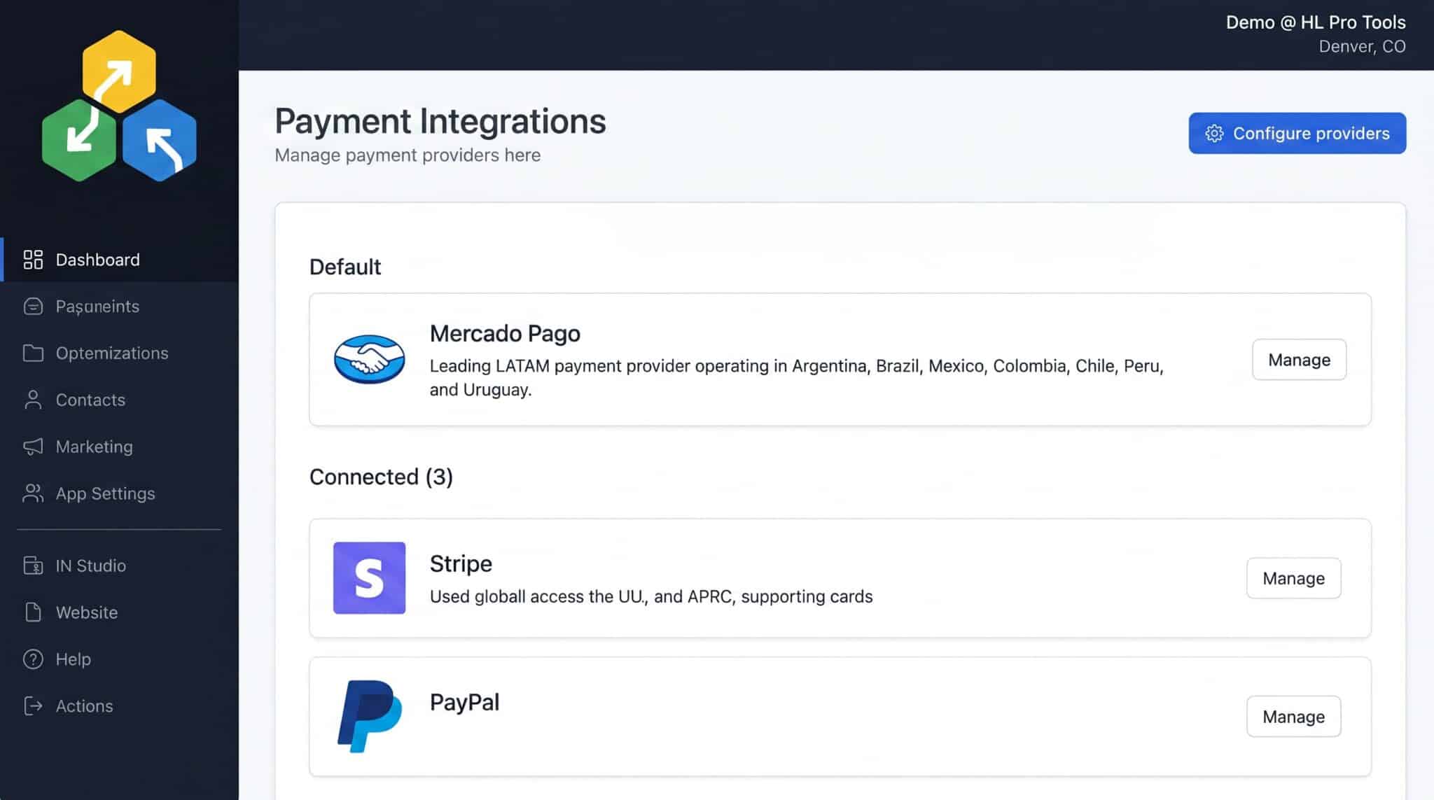 Payment Integrations page showing Mercado Pago as the default provider with Stripe and PayPal also connected