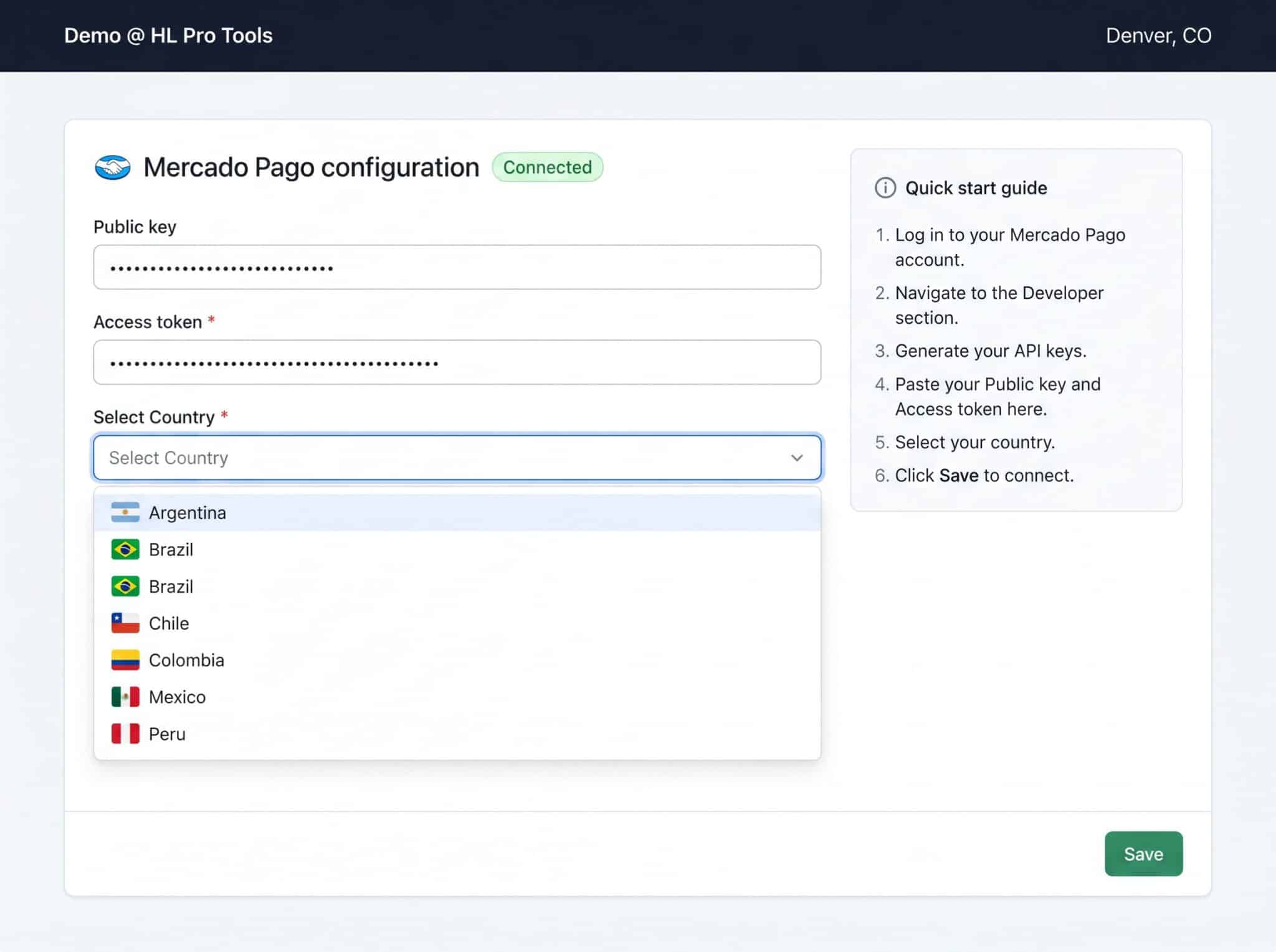 Mercado Pago configuration screen showing Public Key, Access Token, country selection, and Quick Start Guide