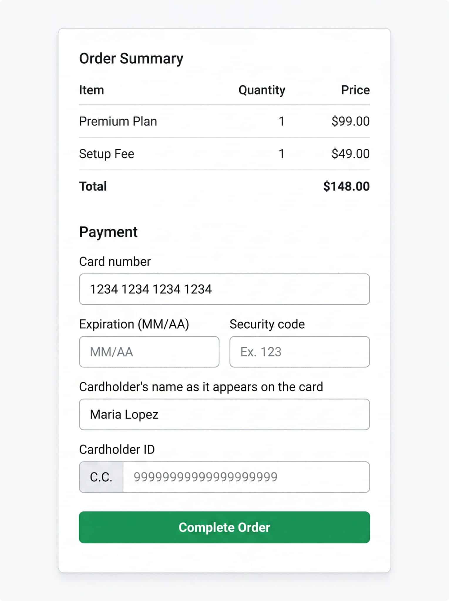 One-step order form in a funnel showing card fields with Cardholder ID for Mercado Pago