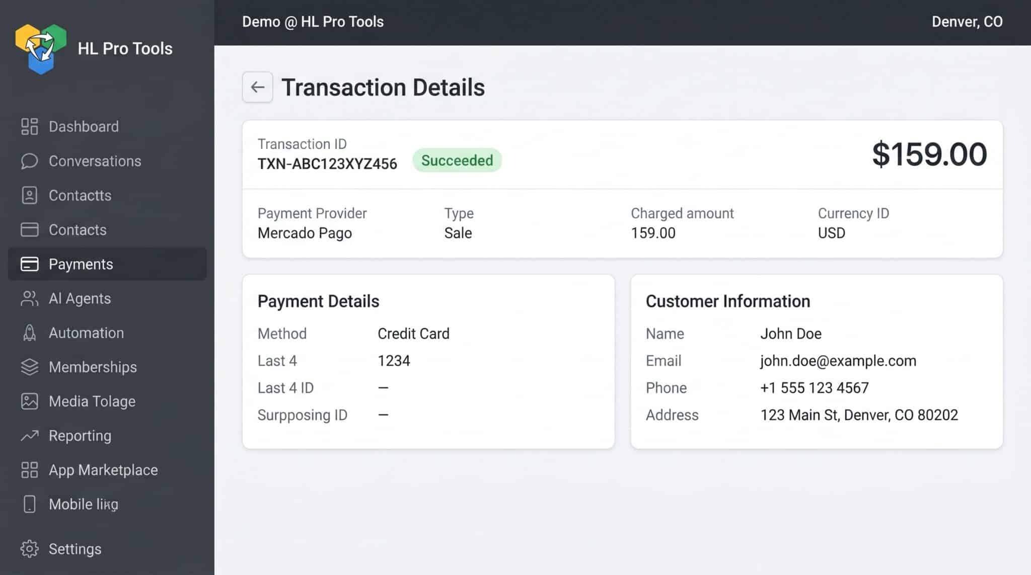 Transaction Details page showing a Mercado Pago payment with provider, amount, and customer information