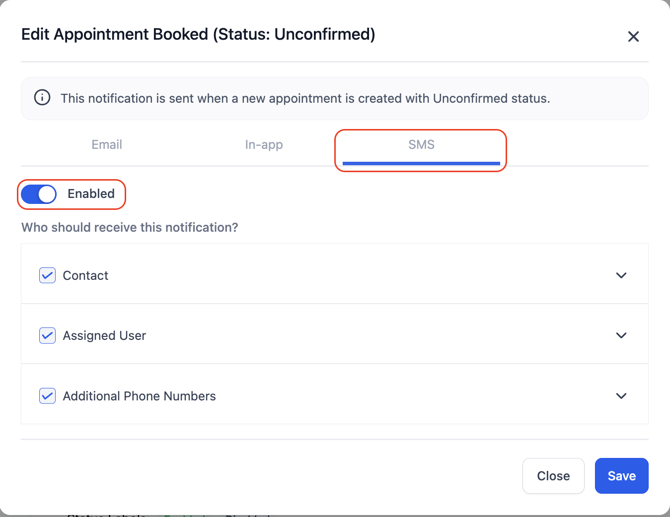 HighLevel SMS tab for appointment reminder notifications