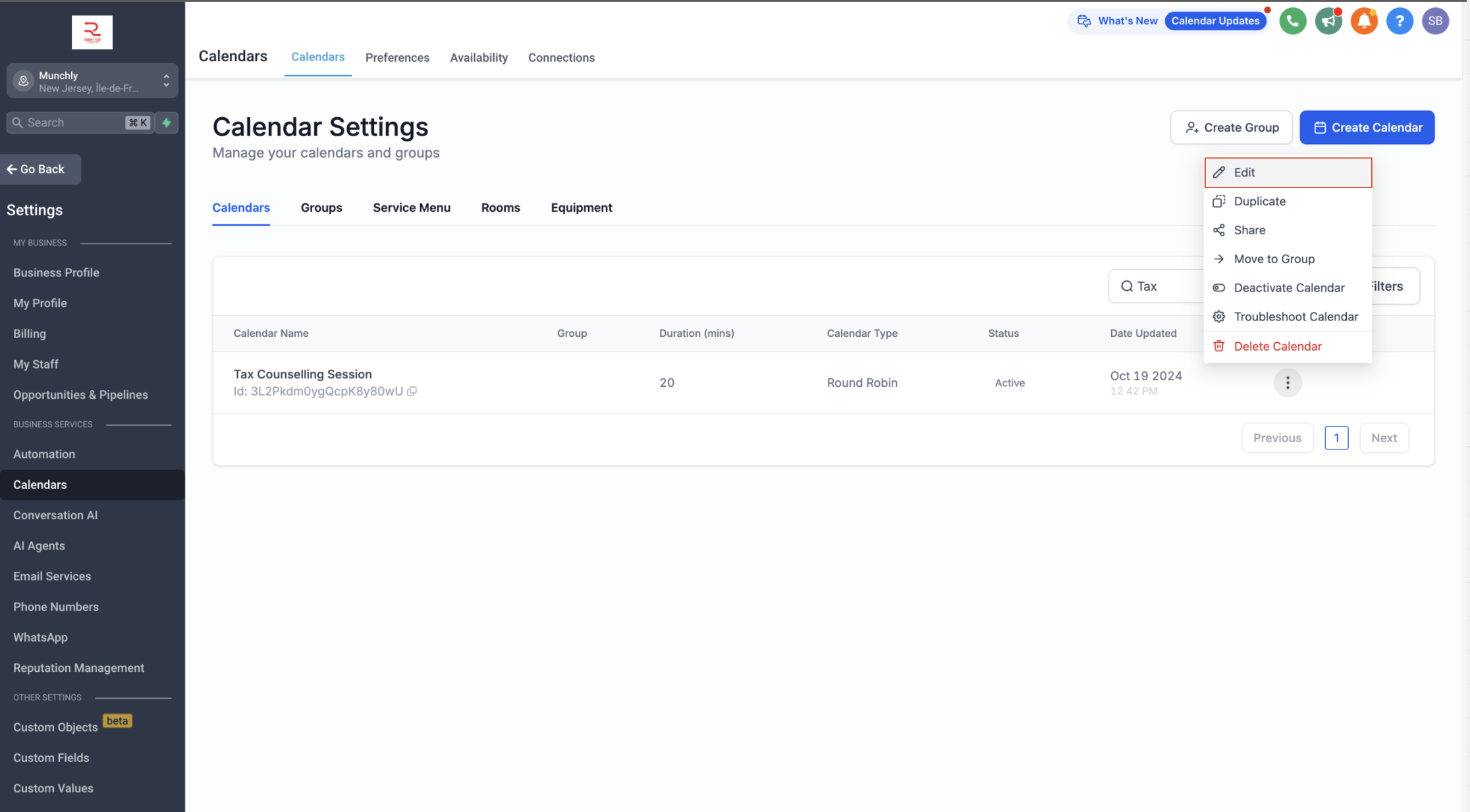 HighLevel Calendar Settings page for configuring appointment reminders