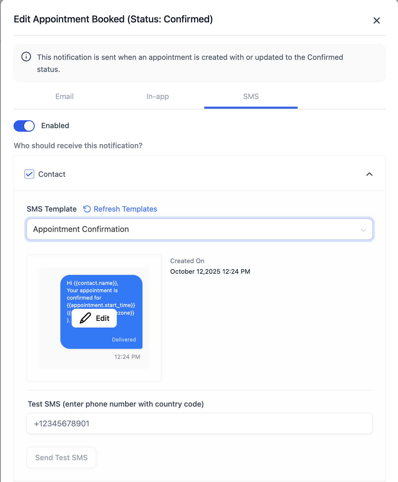 HighLevel SMS appointment reminder editor with template and timing controls