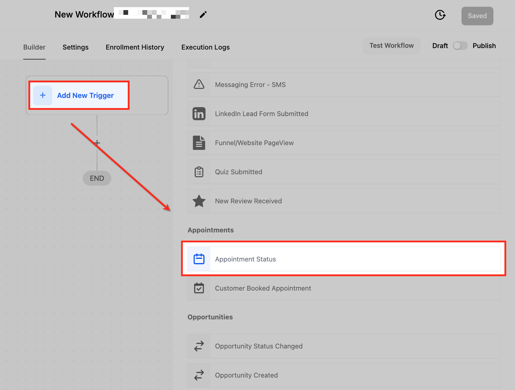 Adding the Appointment Status trigger in a HighLevel workflow