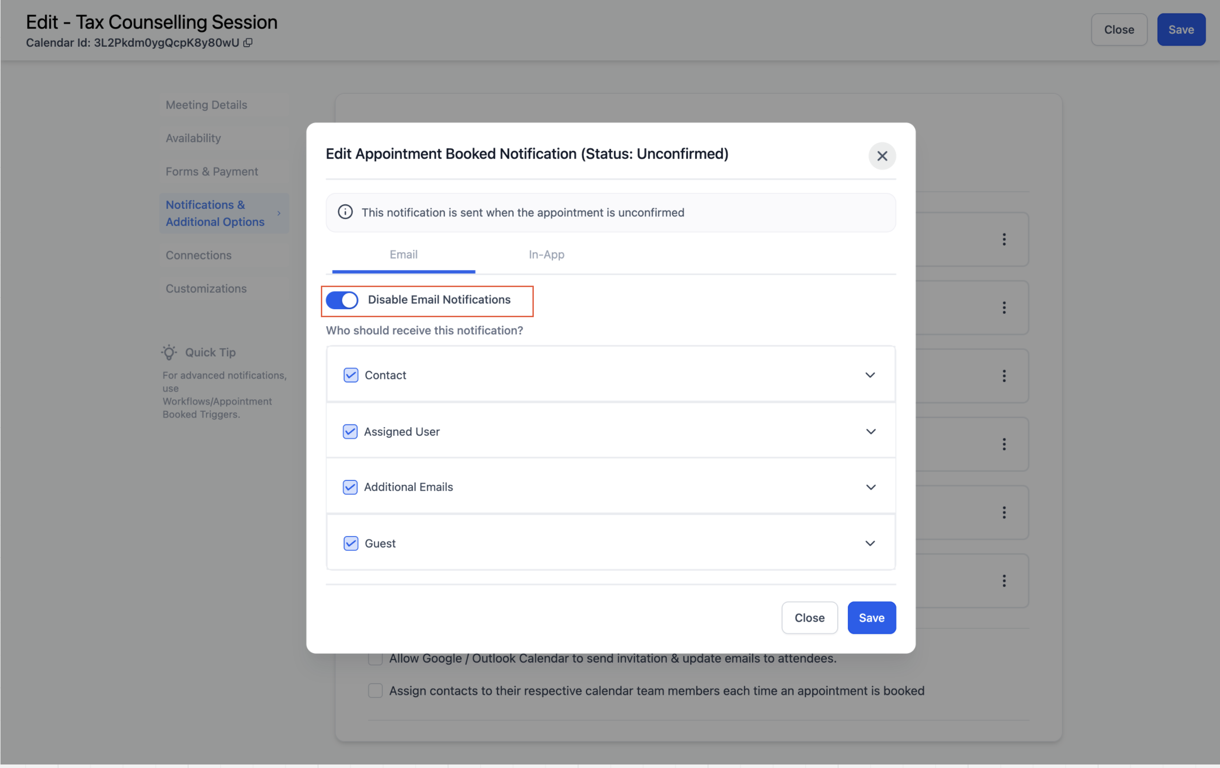 HighLevel list of appointment notification types including reminders
