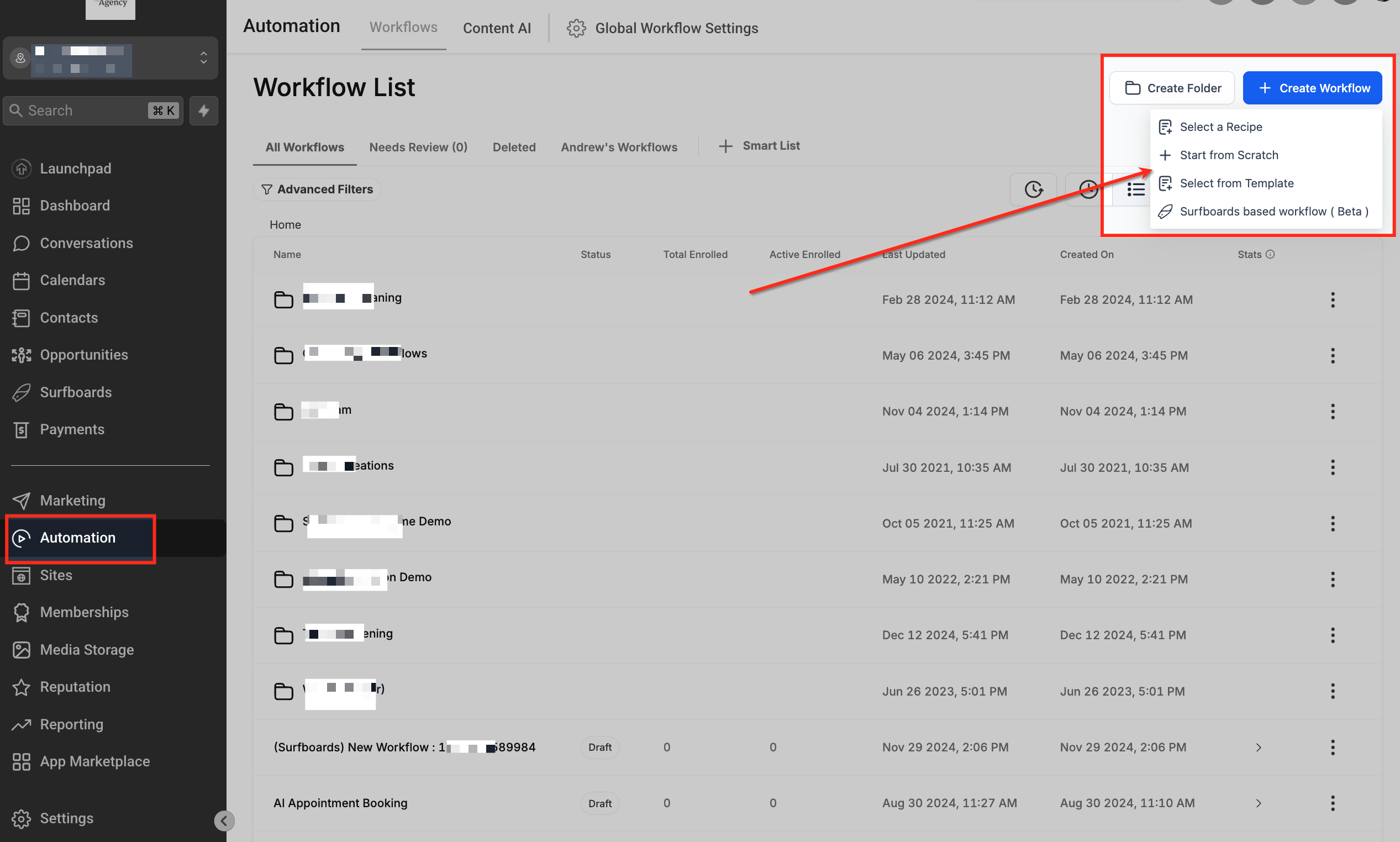 HighLevel workflow builder used to create a patient no-show prevention workflow