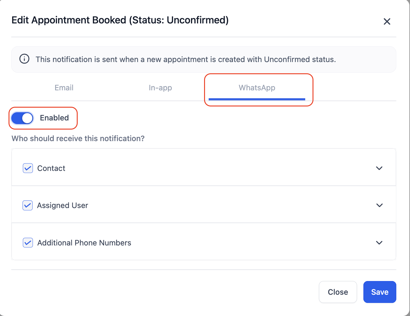 HighLevel WhatsApp appointment reminder notification settings
