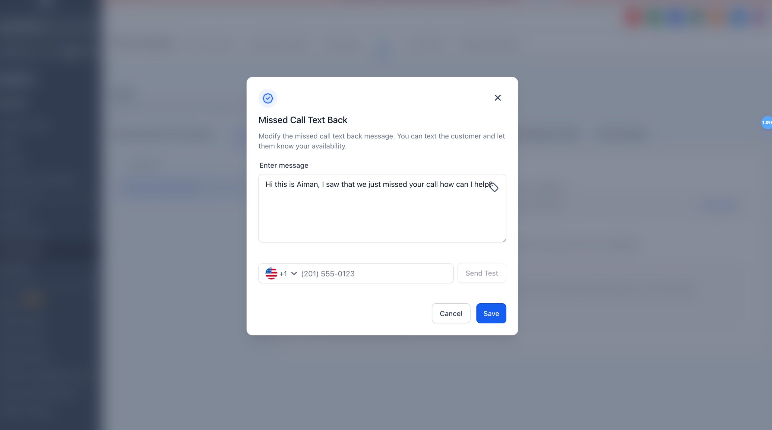 HighLevel message editor for customizing the missed call text back SMS