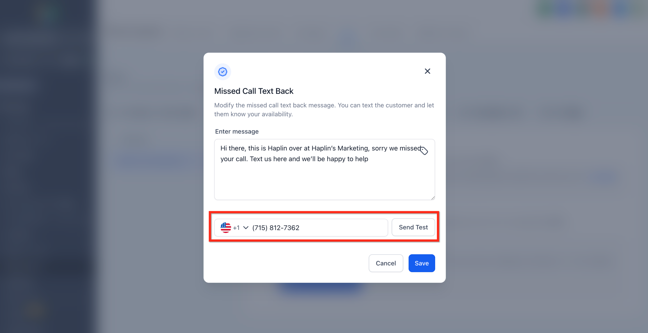 HighLevel test message field and Save button for missed call text back